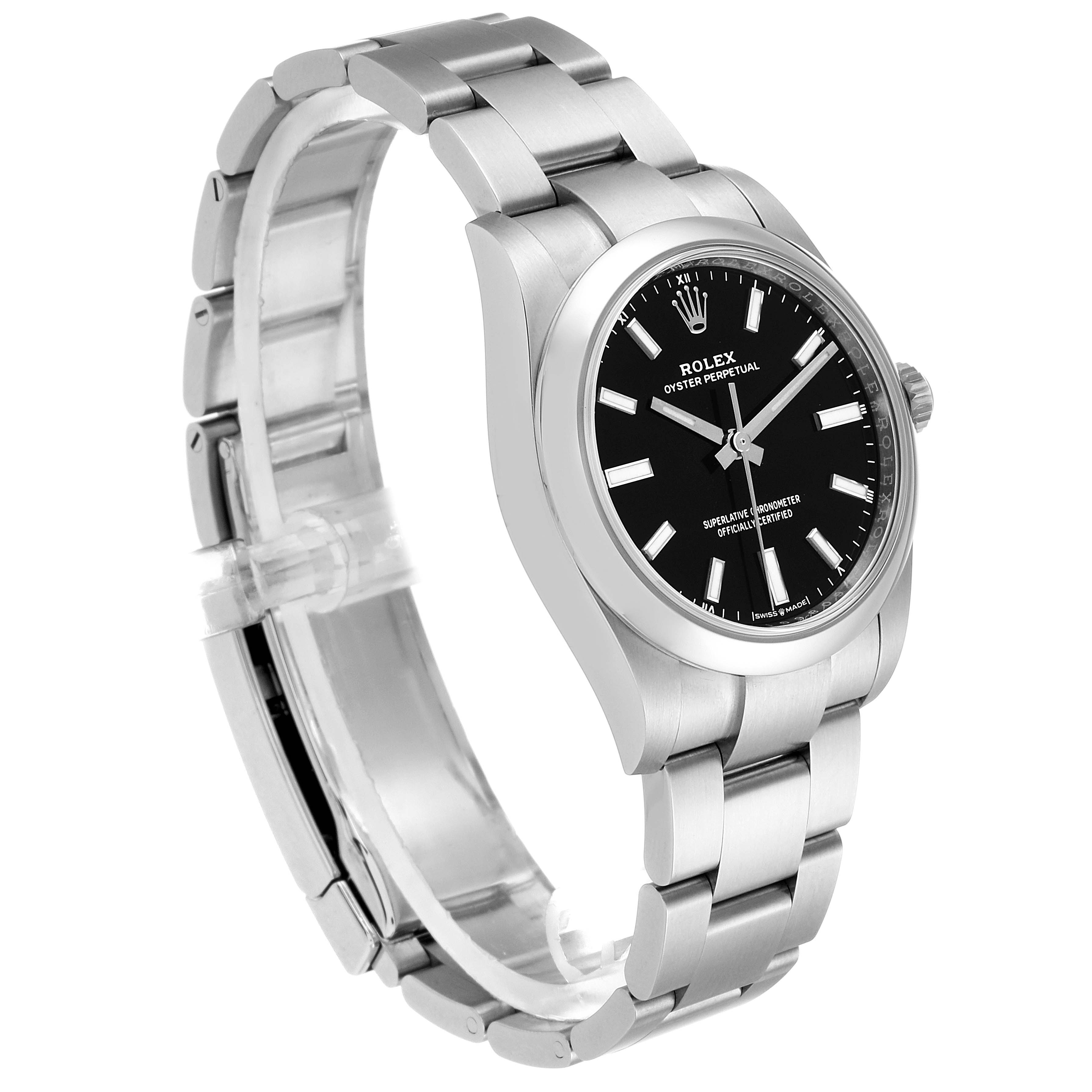 This image shows a stainless steel Rolex Oyster Perpetual 124200 Men's Stainless Steel Black Dial 124200 Men's Stainless Steel Black Dial watch, angled to display its face, bezel, and bracelet.