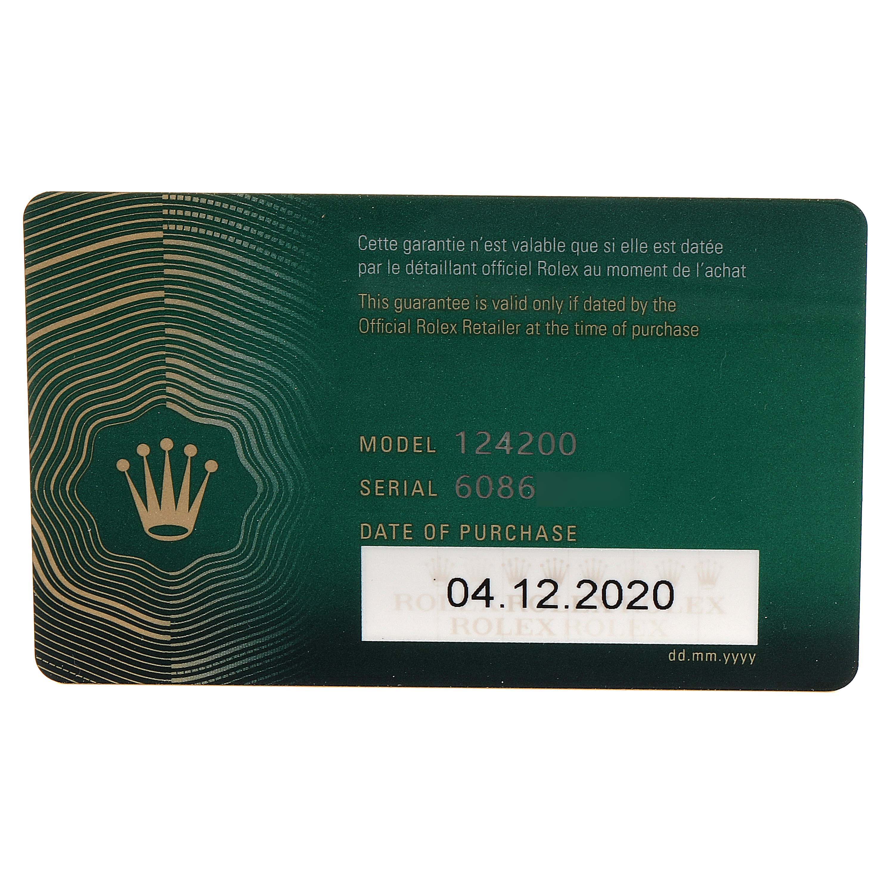 The image shows a guarantee card for the Rolex Oyster Perpetual 124200 Men's Stainless Steel Black Dial 124200 Men's Stainless Steel Black Dial model 124200, with the purchase date listed as 04.12.2020.