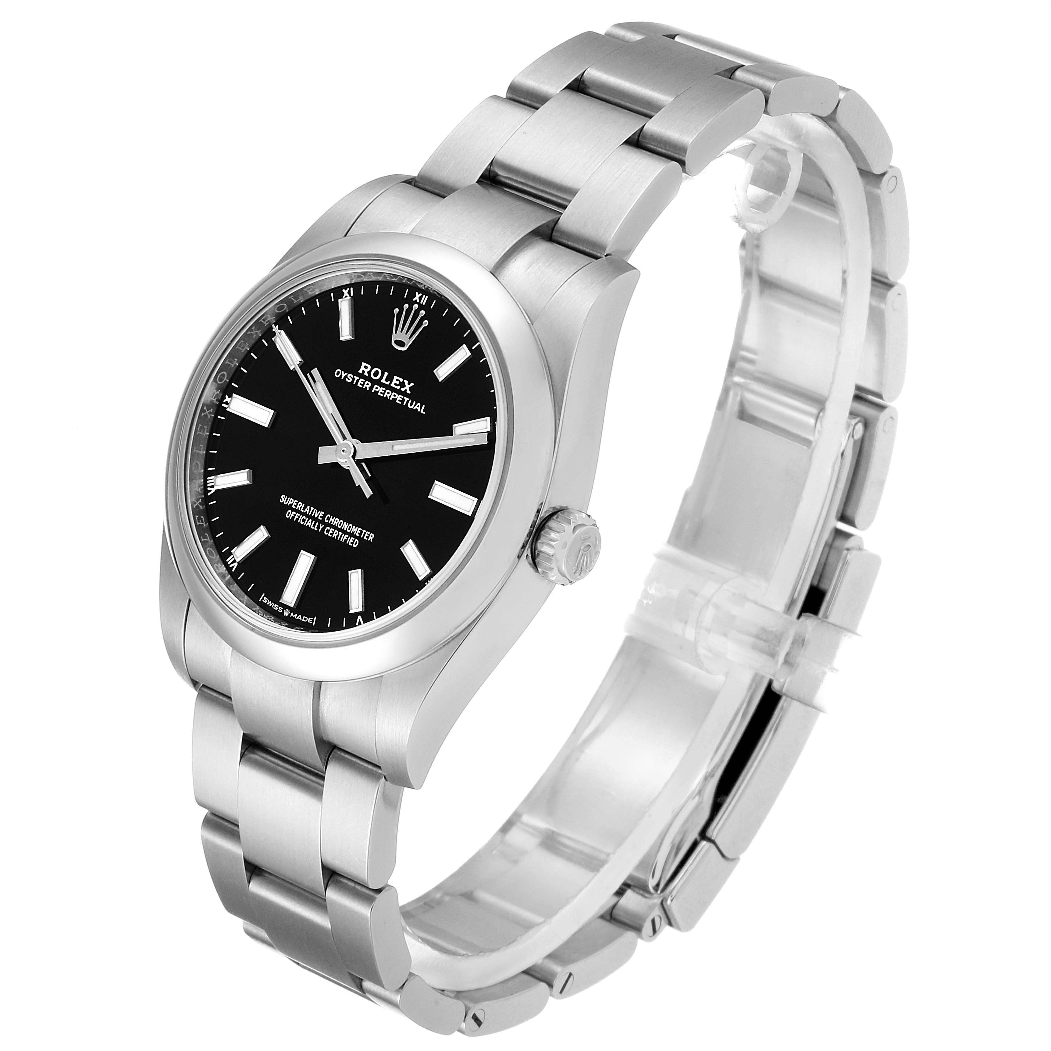The Rolex Oyster Perpetual 124200 Men's Stainless Steel Black Dial 124200 Men's Stainless Steel Black Dial watch is shown at a slight angle, displaying the face, bezel, crown, and bracelet.