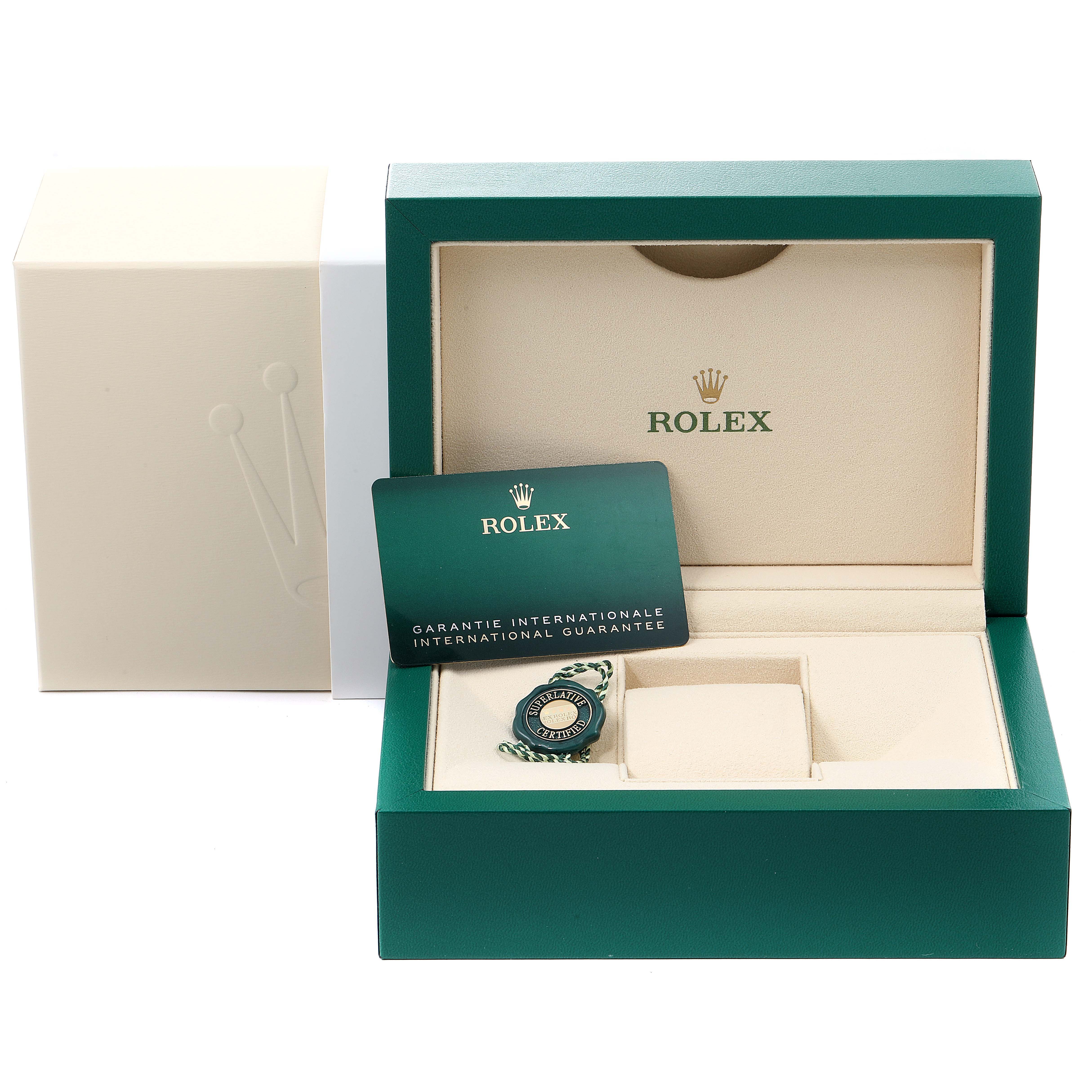 The image shows a Rolex Oyster Perpetual 124200 Men's Stainless Steel Black Dial 124200 Men's Stainless Steel Black Dial watch box, warranty card, and tag from a frontal angle.