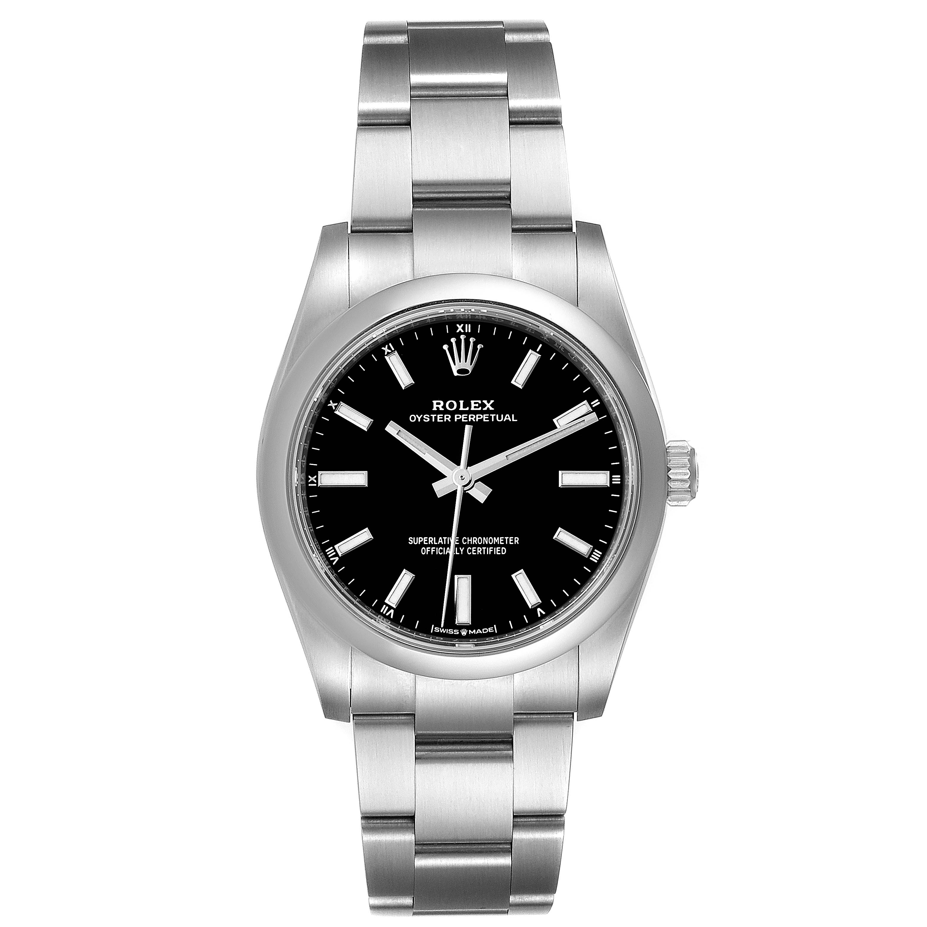 This image shows a front view of the Rolex Oyster Perpetual 124200 Men's Stainless Steel Black Dial 124200 Men's Stainless Steel Black Dial watch, displaying its dial, bezel, bracelet, and crown.