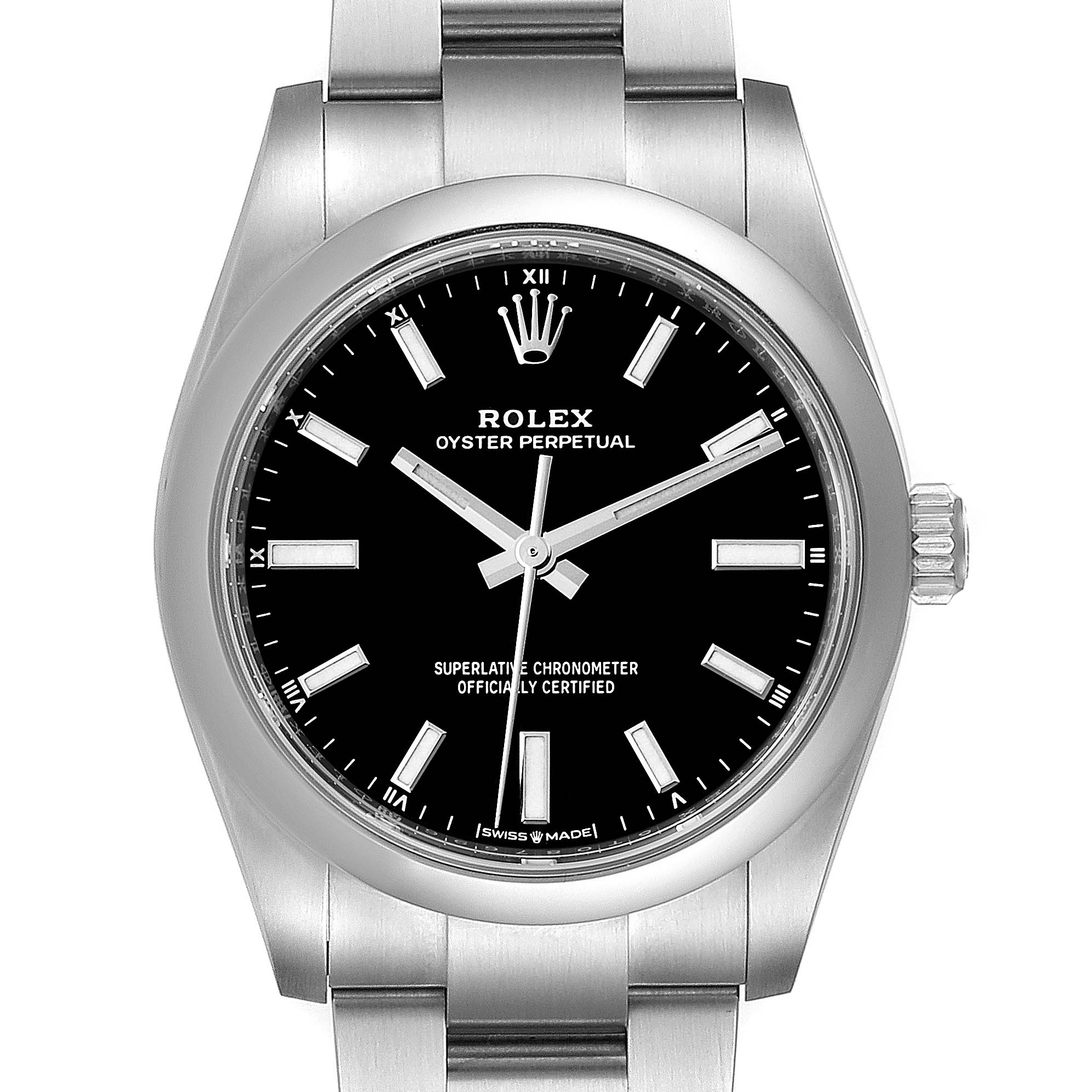 This is a front view of the Rolex Oyster Perpetual 124200 Men's Stainless Steel Black Dial 124200 Men's Stainless Steel Black Dial watch, showing the dial, bezel, crown, and part of the bracelet.