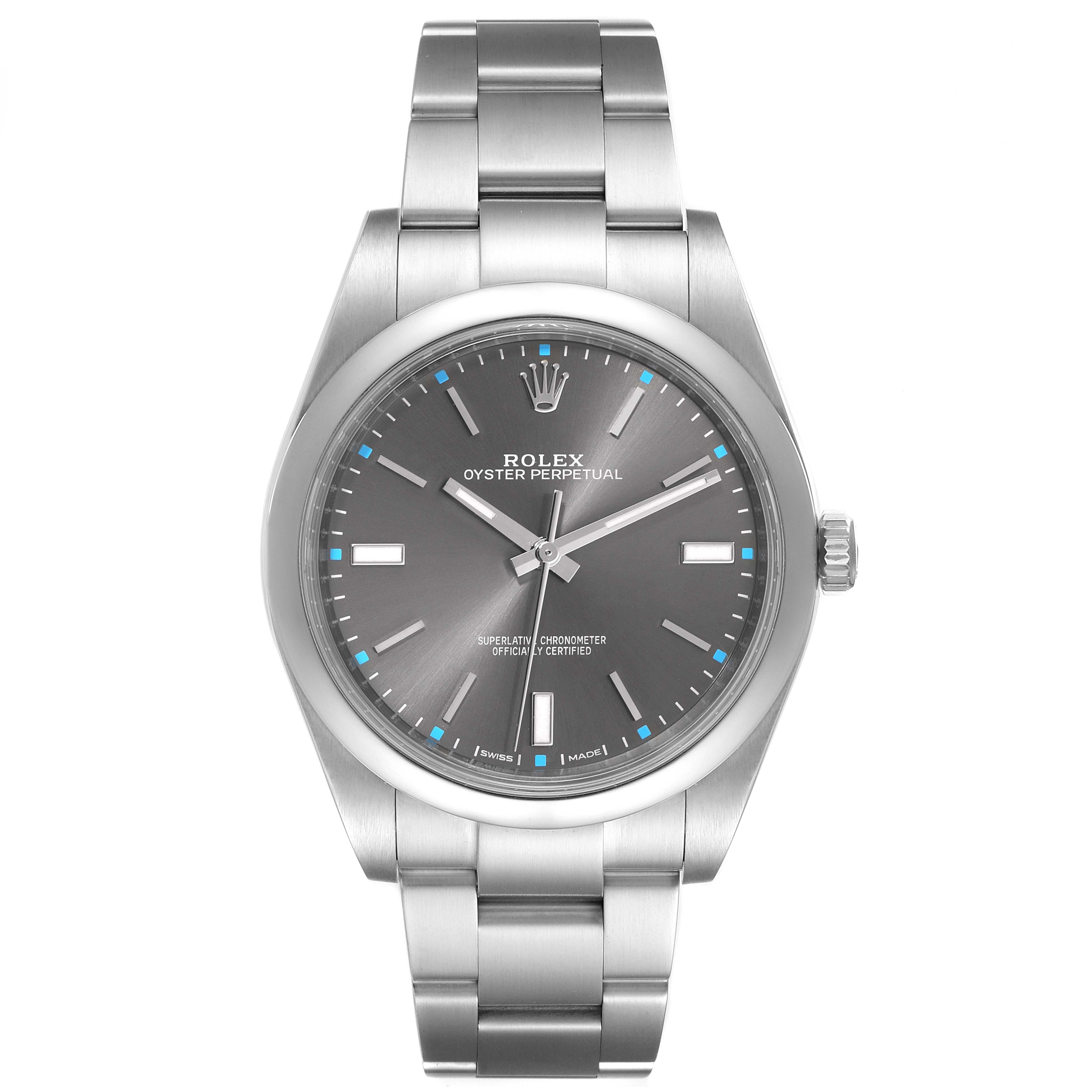 This is a front view of the Rolex Oyster Perpetual 114300 Men's Stainless Steel Grey Dial 114300 Men's Stainless Steel Grey Dial watch, showing the dial, hands, crown, and bracelet.