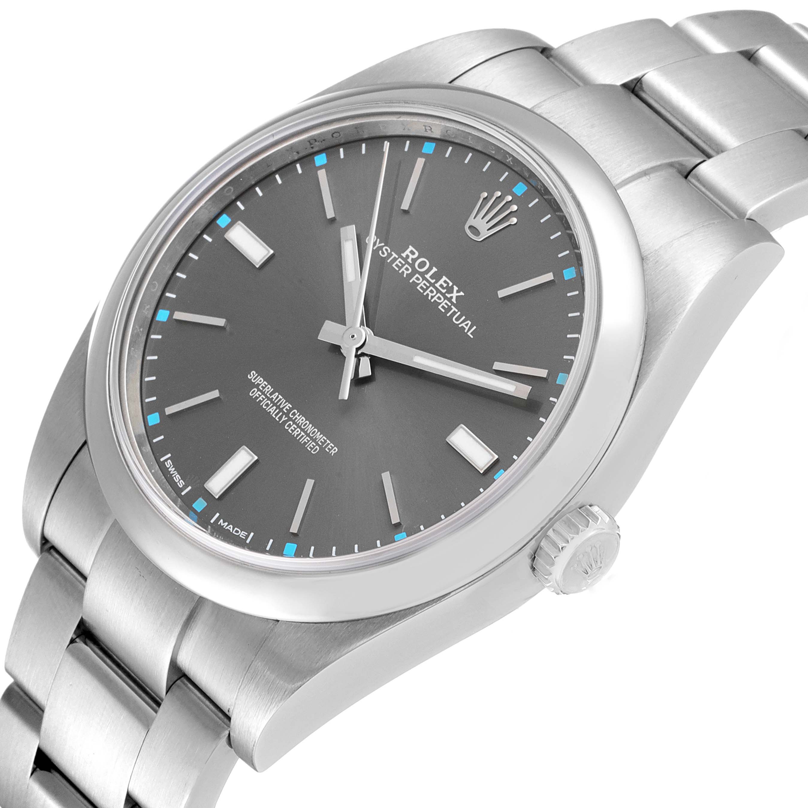 The image shows a Rolex Oyster Perpetual 114300 Men's Stainless Steel Grey Dial 114300 Men's Stainless Steel Grey Dial watch at a slight top-side angle, displaying the dial, bracelet, and crown.