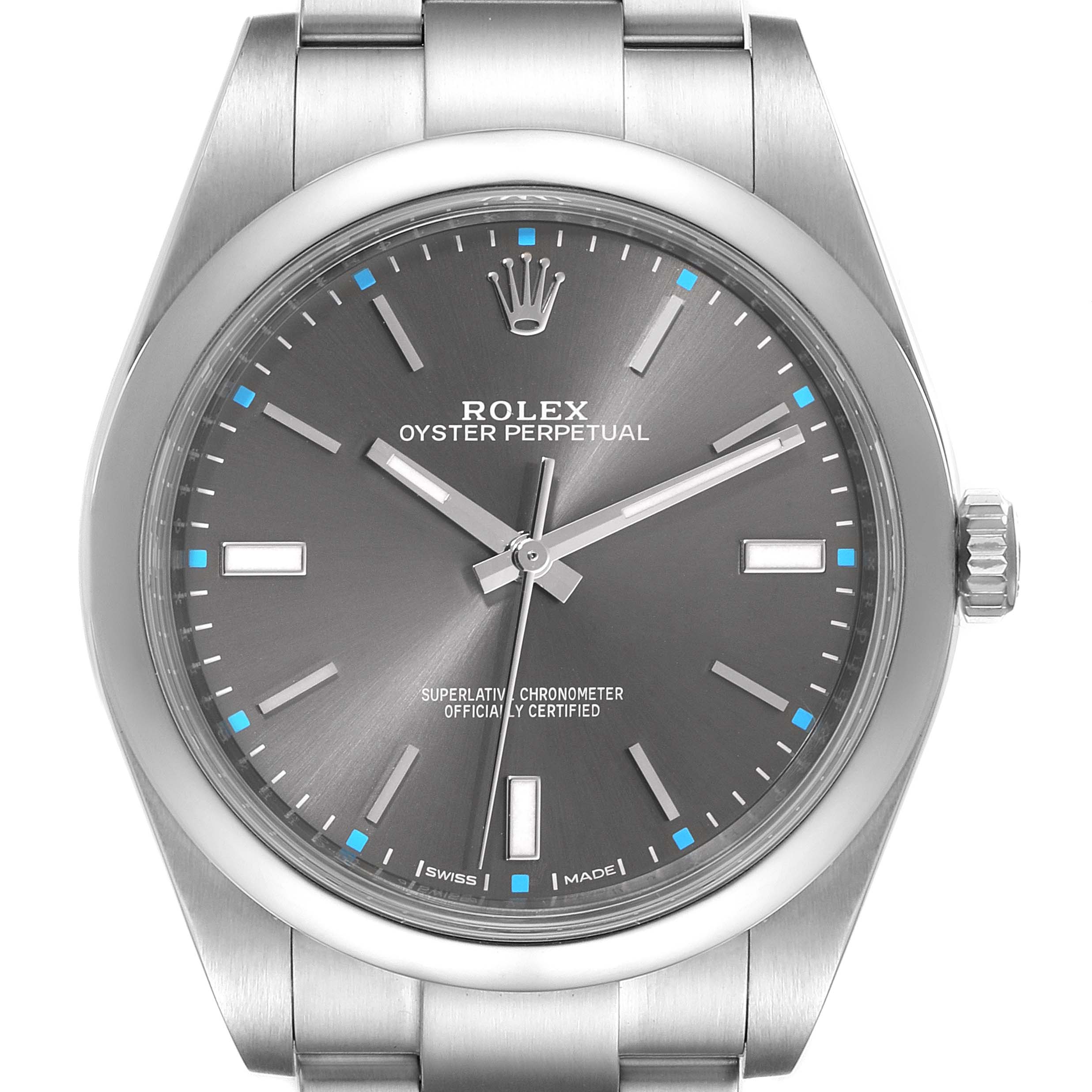 The image shows a front view of the Rolex Oyster Perpetual 114300 Men's Stainless Steel Grey Dial 114300 Men's Stainless Steel Grey Dial, displaying its dial, hands, crown, and part of the bracelet.