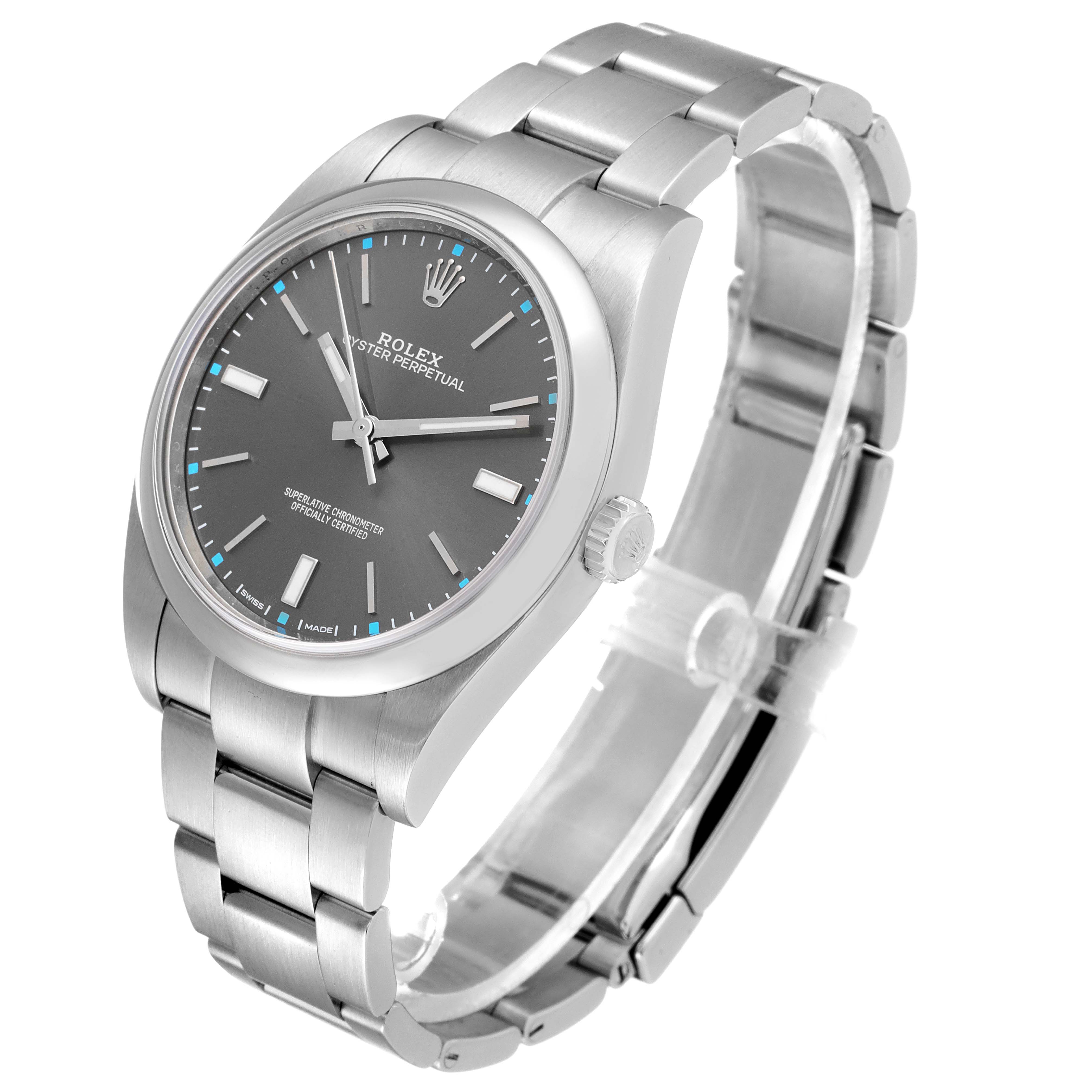 The image shows a Rolex Oyster Perpetual 114300 Men's Stainless Steel Grey Dial 114300 Men's Stainless Steel Grey Dial watch at a three-quarter angle highlighting the face, bezel, crown, and bracelet.