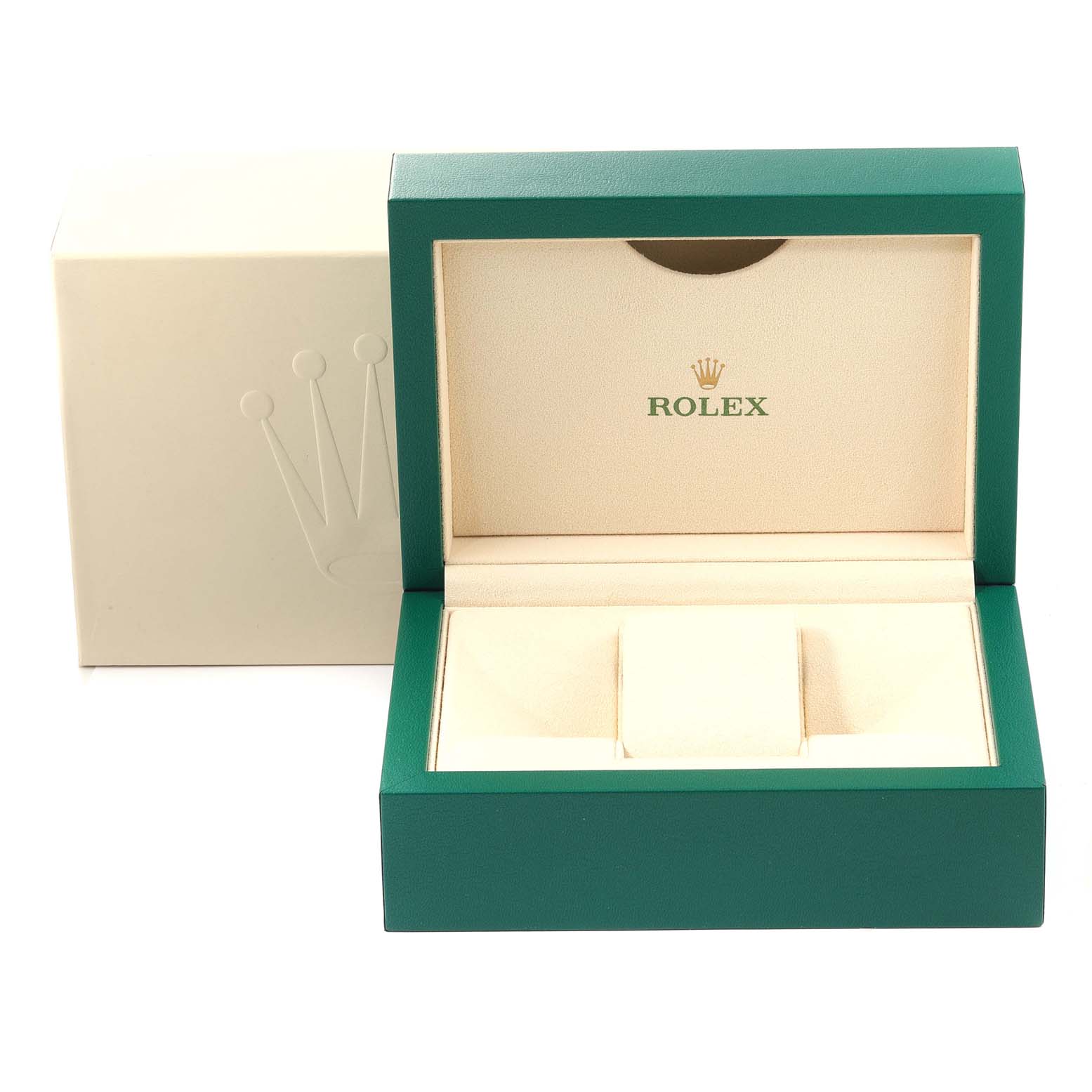This image shows the open display box for a Rolex Oyster Perpetual 114300 Men's Stainless Steel Grey Dial 114300 Men's Stainless Steel Grey Dial watch, featuring an inner beige lining and green exterior.