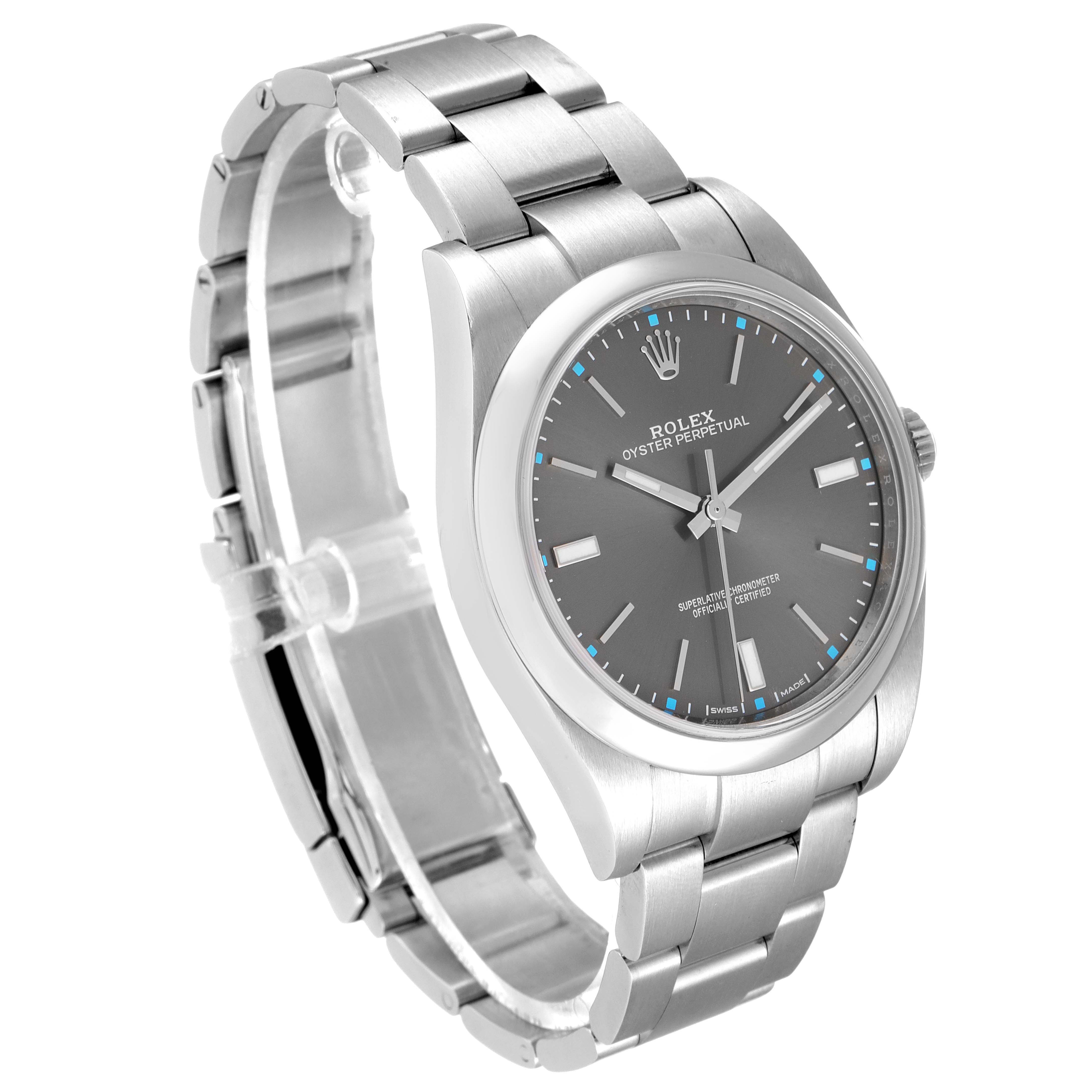 This Rolex Oyster Perpetual 114300 Men's Stainless Steel Grey Dial 114300 Men's Stainless Steel Grey Dial watch is shown at a slight angle, highlighting its bracelet and part of the watch face.