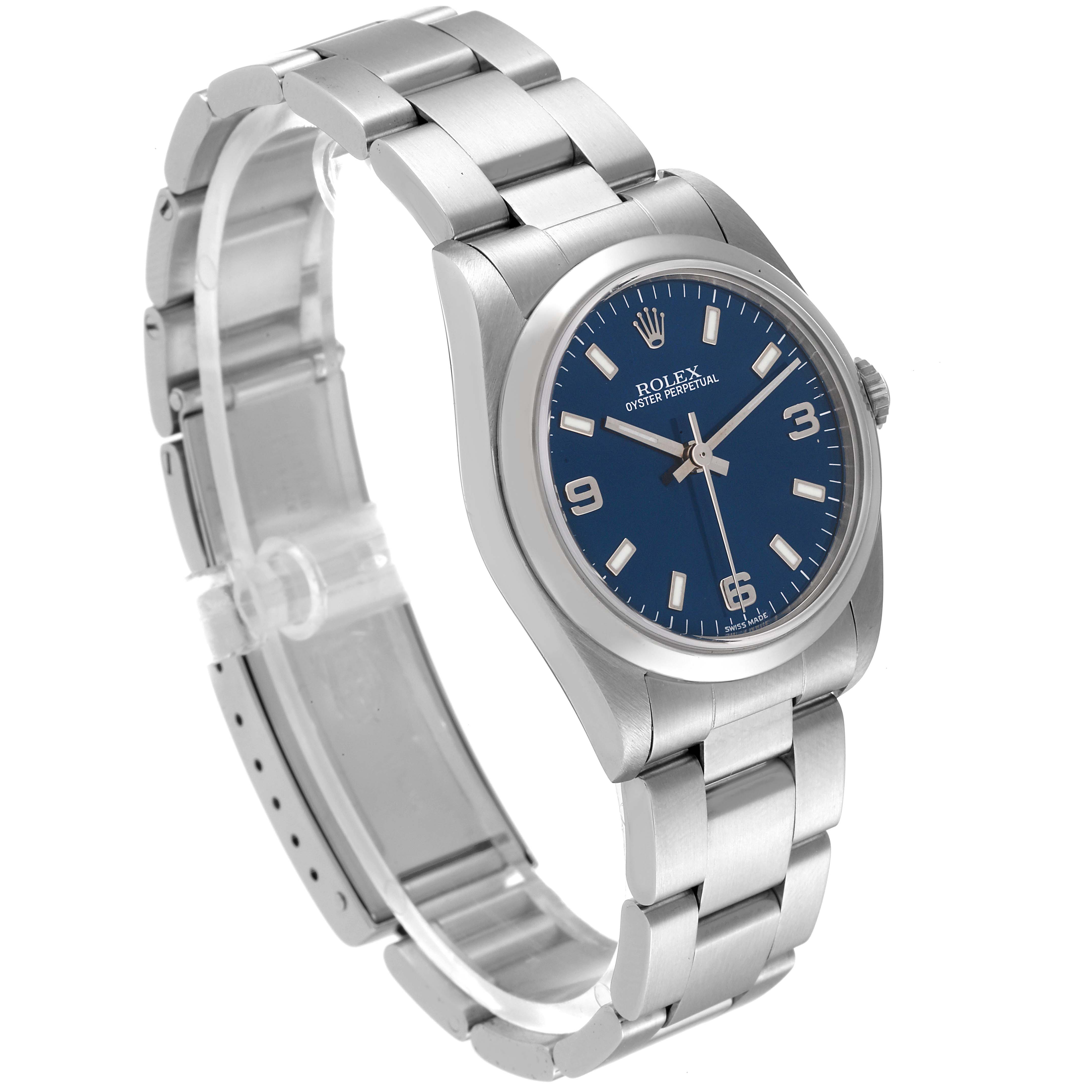 This image shows a side-angle view of the Rolex Oyster Perpetual Mid-Size watch with a blue dial and stainless steel bracelet.