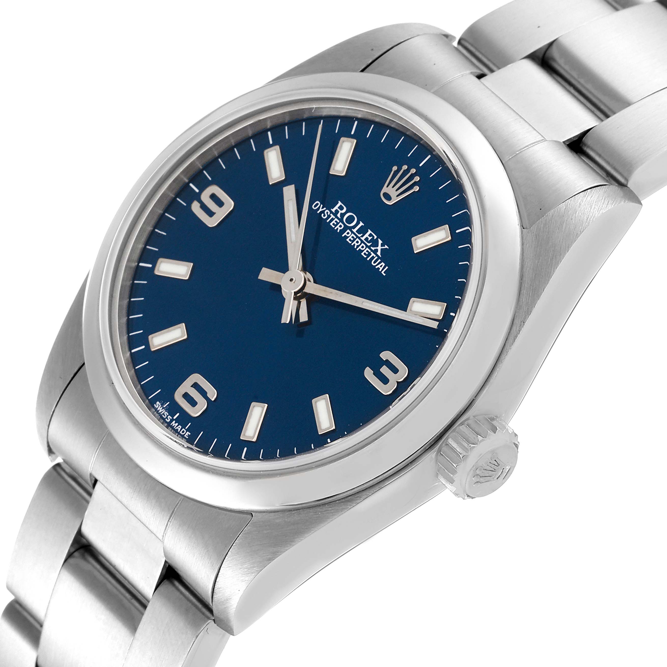 This Rolex Mid-Size 77080 Women
s Stainless Steel Blue Dial 77080 Women
s Stainless Steel Blue Dial Oyster Perpetual watch is shown at a three-quarter angle, highlighting the face, bezel, crown, and part of the bracelet.