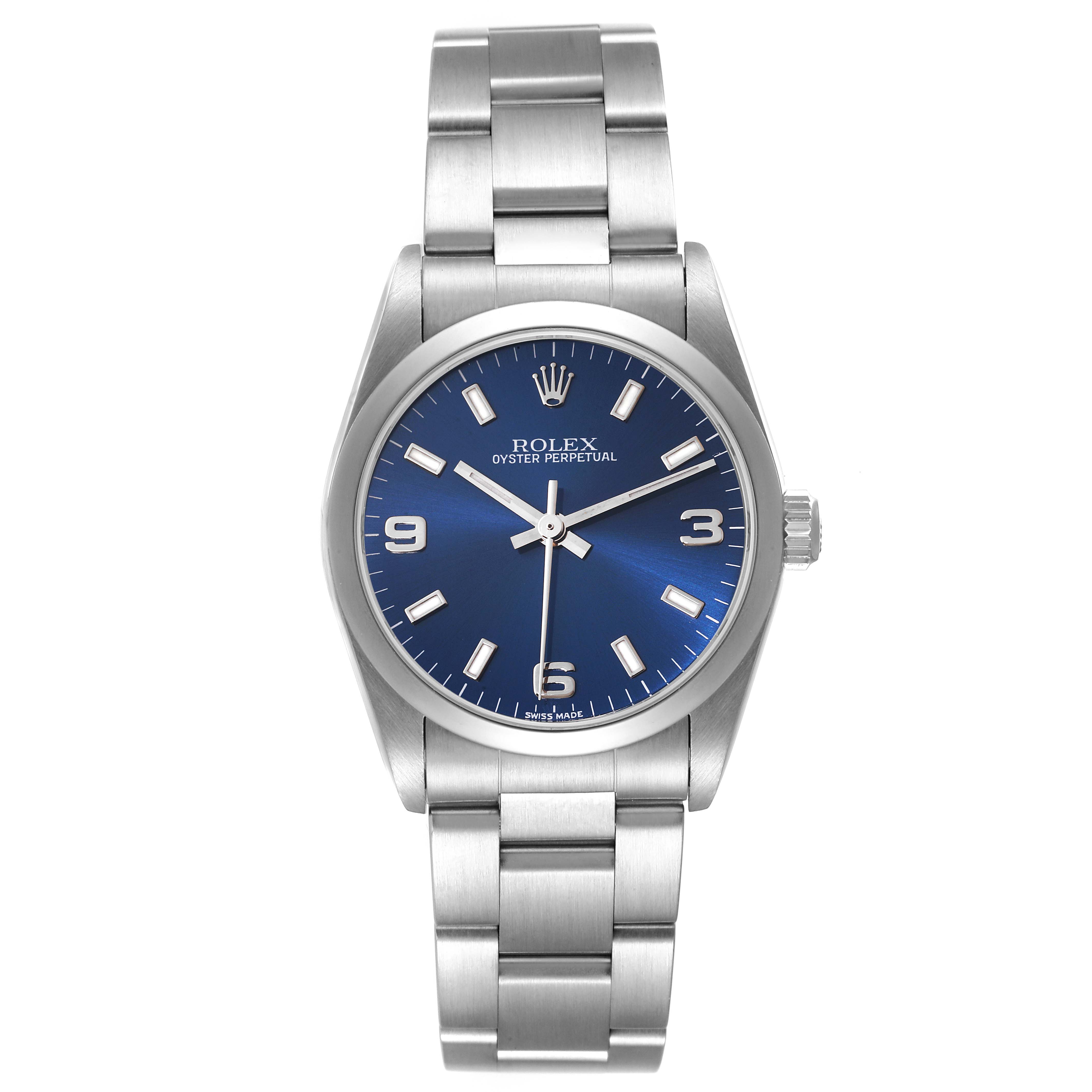 This image shows a front view of a Mid-Size Rolex Oyster Perpetual with a blue dial and stainless steel bracelet.