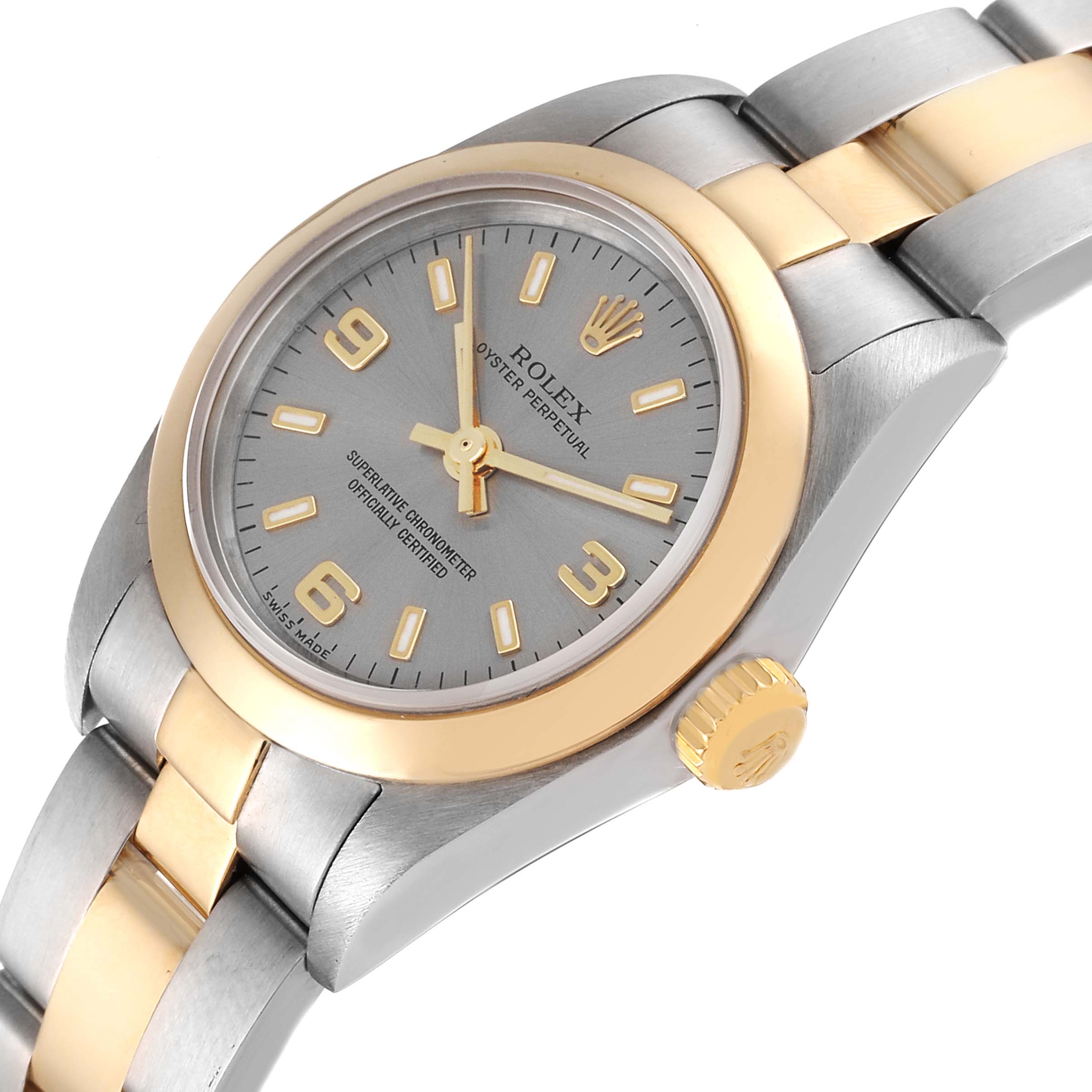 This image shows a Rolex Oyster Perpetual 76183 Women's Steel and Gold (two tone) Grey Dial 76183 Women's Steel and Gold (two tone) Grey Dial watch from an angle emphasizing the dial, bezel, crown, and bracelet.