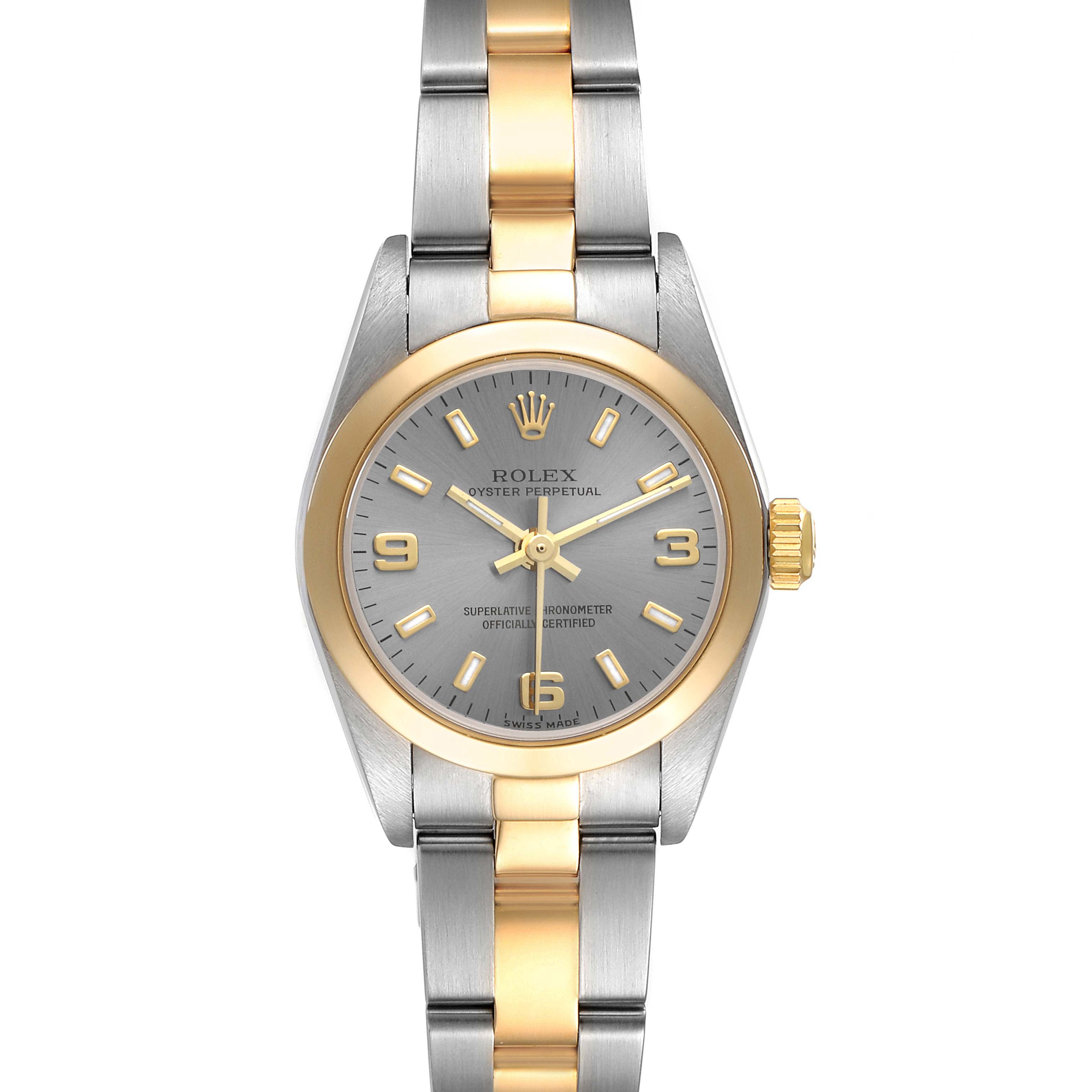 The image shows a front view of a Rolex Oyster Perpetual 76183 Women's Steel and Gold (two tone) Grey Dial 76183 Women's Steel and Gold (two tone) Grey Dial watch, highlighting its two-tone strap, dial, and crown.