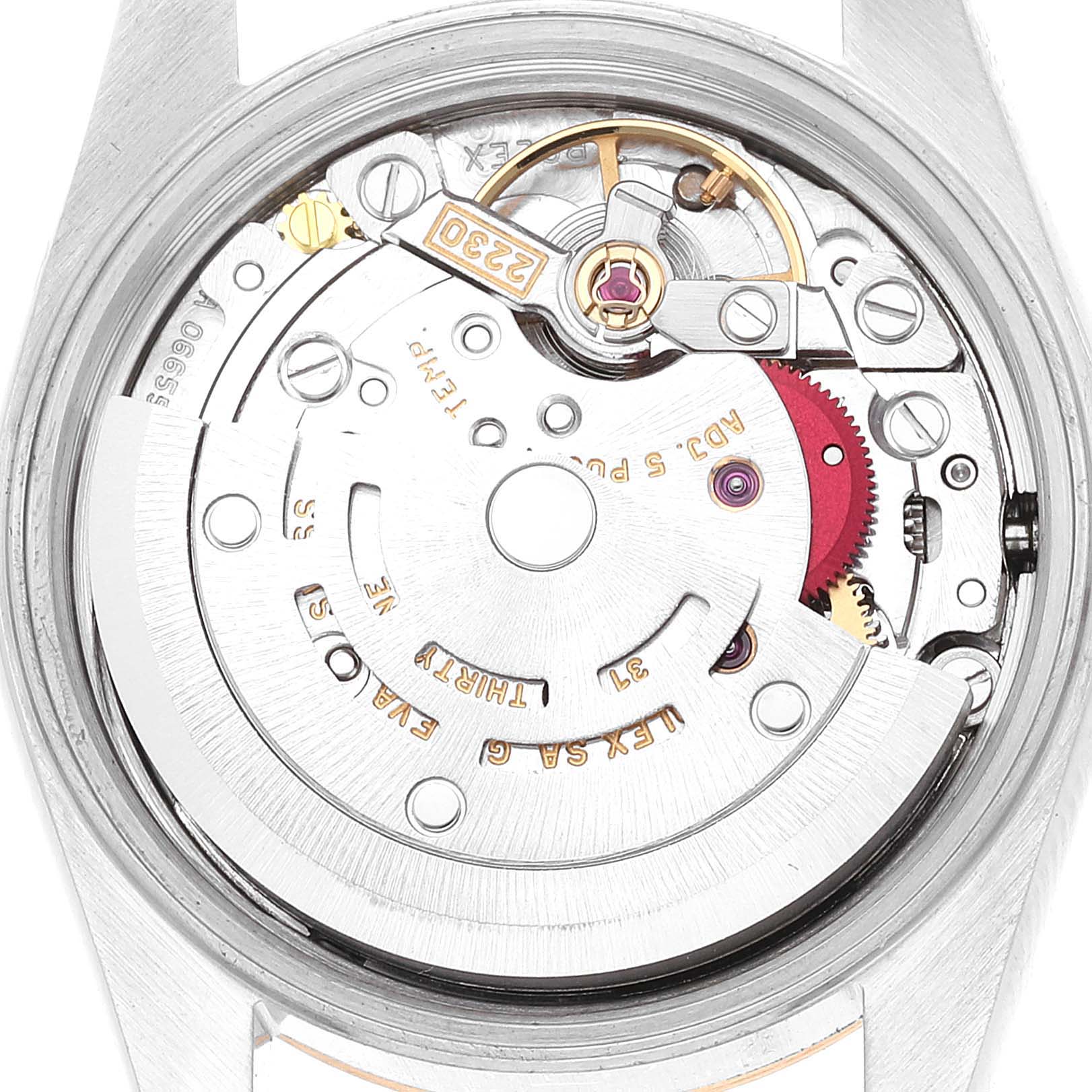 The image shows the internal mechanism of a Rolex Oyster Perpetual 76183 Women's Steel and Gold (two tone) Grey Dial 76183 Women's Steel and Gold (two tone) Grey Dial watch viewed from the back case angle.