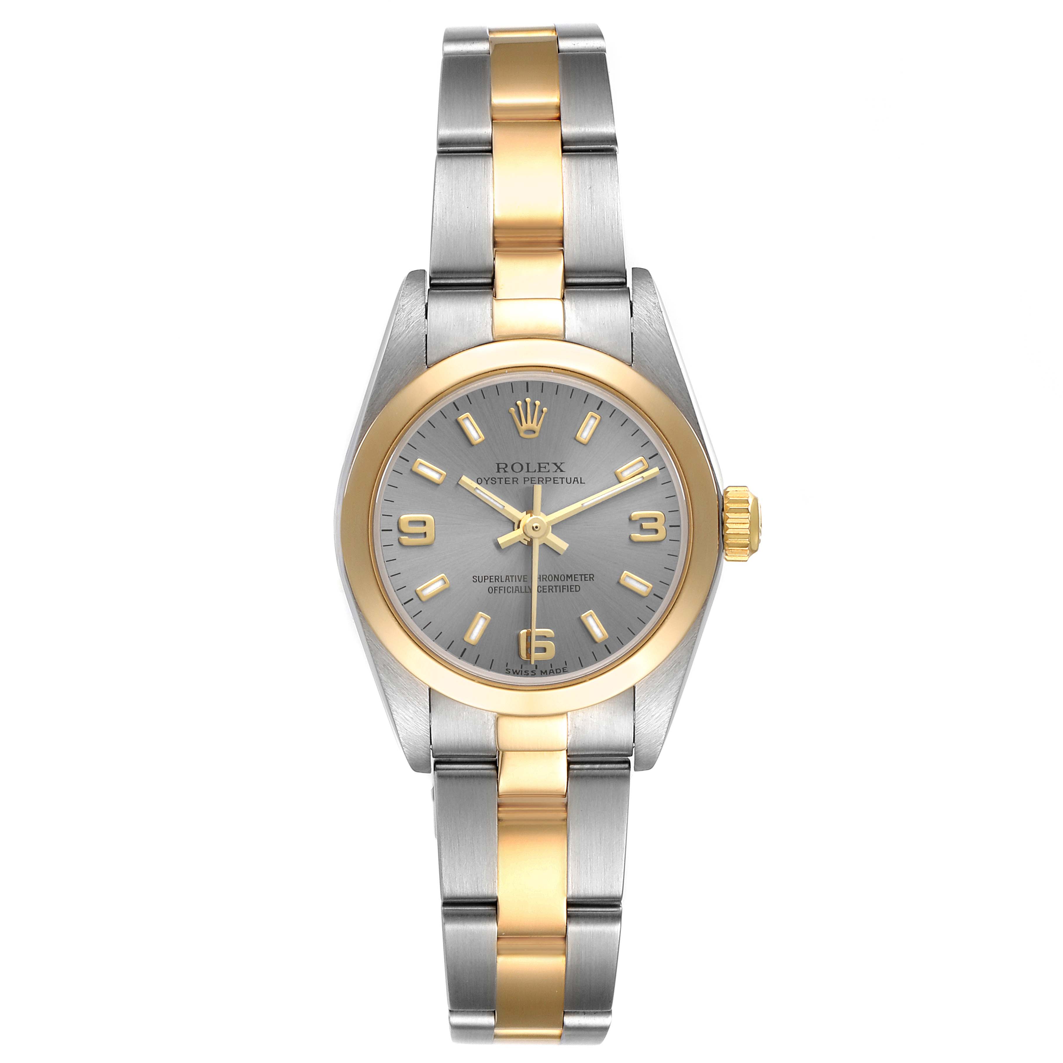 This image shows a frontal view of a Rolex Oyster Perpetual 76183 Women's Steel and Gold (two tone) Grey Dial 76183 Women's Steel and Gold (two tone) Grey Dial watch, highlighting its two-tone bracelet and grey dial.
