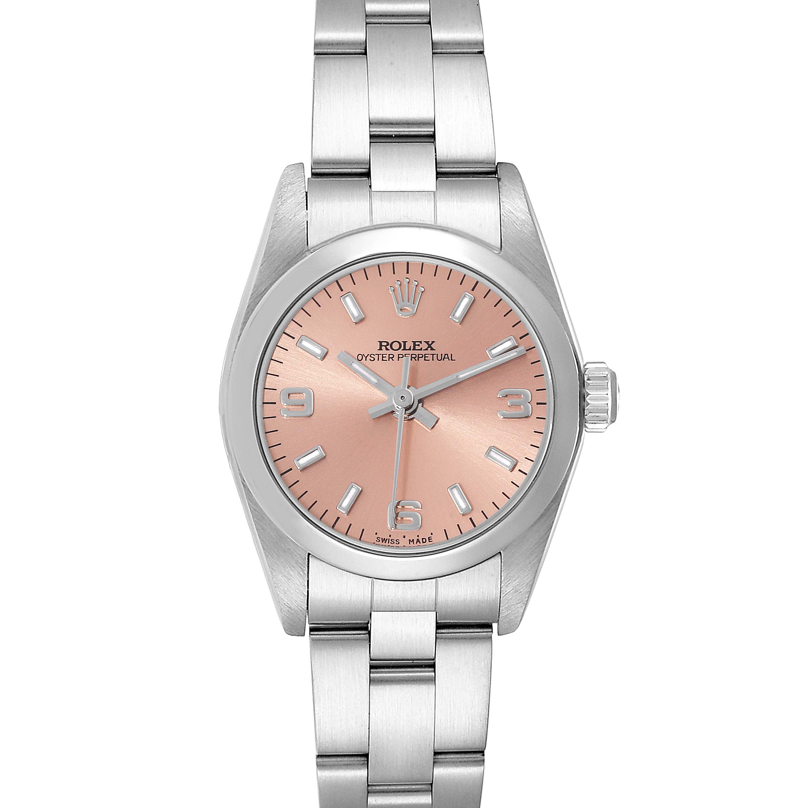 This image shows a front view of a Rolex Oyster Perpetual 76080 Women
s Stainless Steel Pink Dial 76080 Women
s Stainless Steel Pink Dial watch with a pink dial and a stainless steel bracelet.