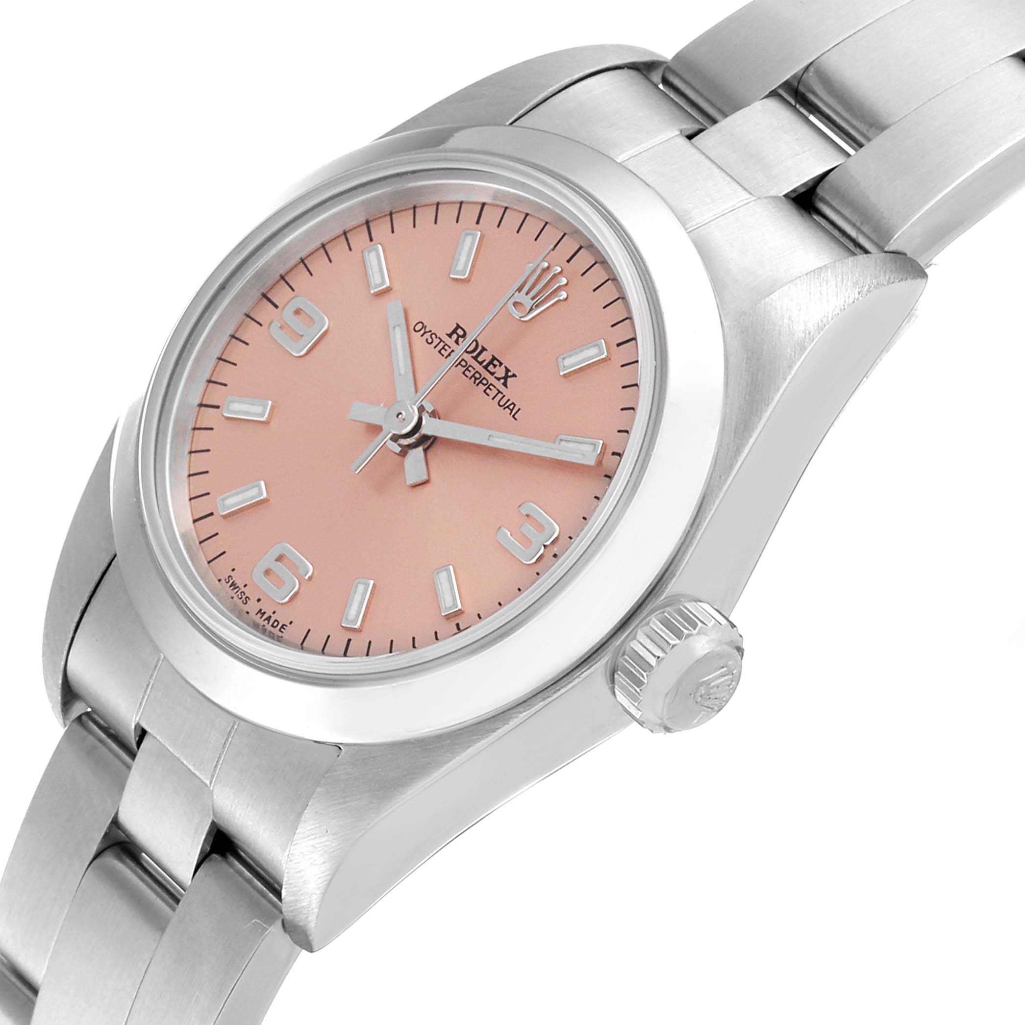 This image shows a close-up side angle of the Rolex Oyster Perpetual 76080 Women
s Stainless Steel Pink Dial 76080 Women
s Stainless Steel Pink Dial watch, featuring its pink dial, case, crown, and part of the bracelet.