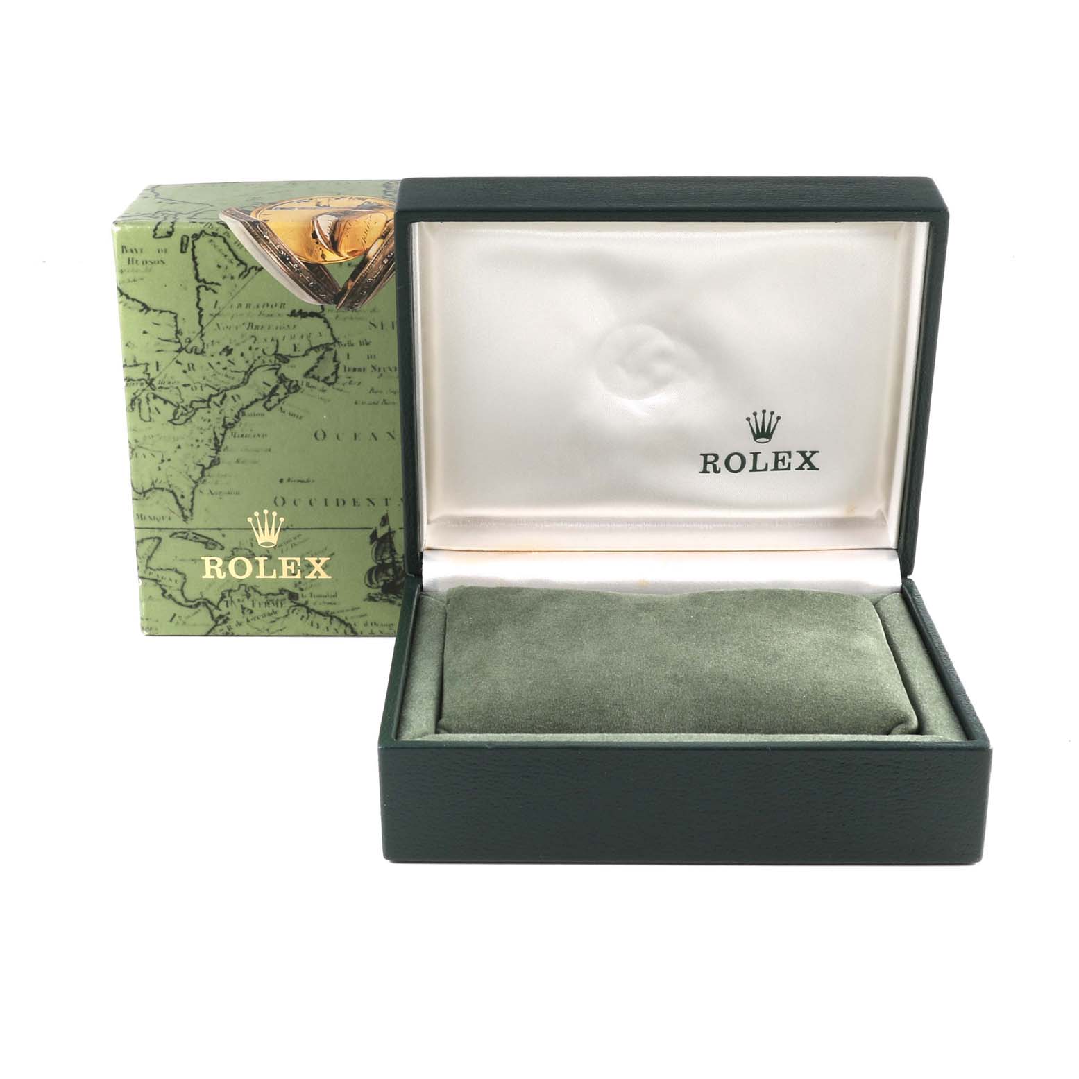 The image shows a Rolex Oyster Perpetual 76080 Women
s Stainless Steel Pink Dial 76080 Women
s Stainless Steel Pink Dial watch box and packaging from a front angle with the lid open.