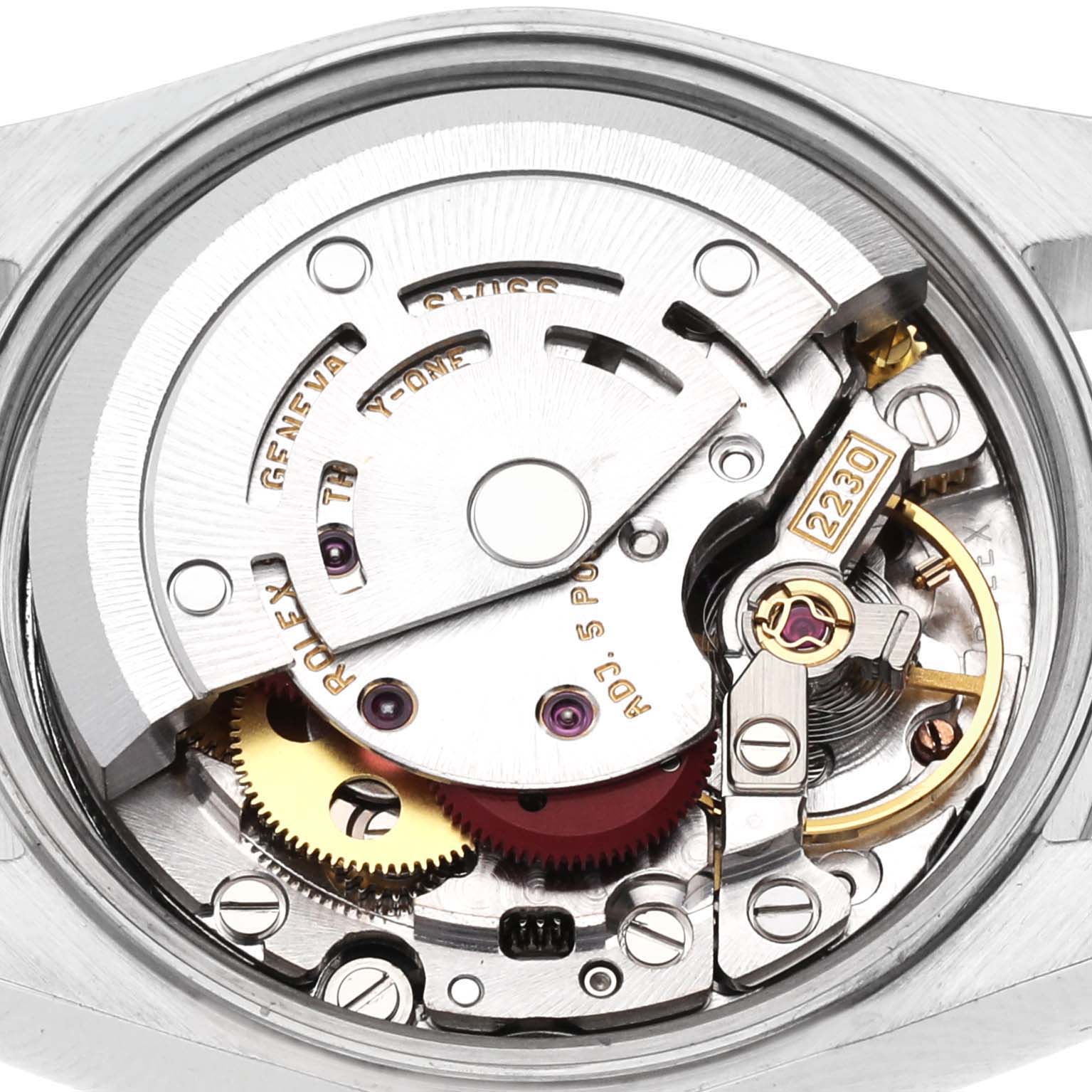 This image shows the internal movement mechanism of the Rolex Oyster Perpetual 76080 Women
s Stainless Steel Pink Dial 76080 Women
s Stainless Steel Pink Dial watch.