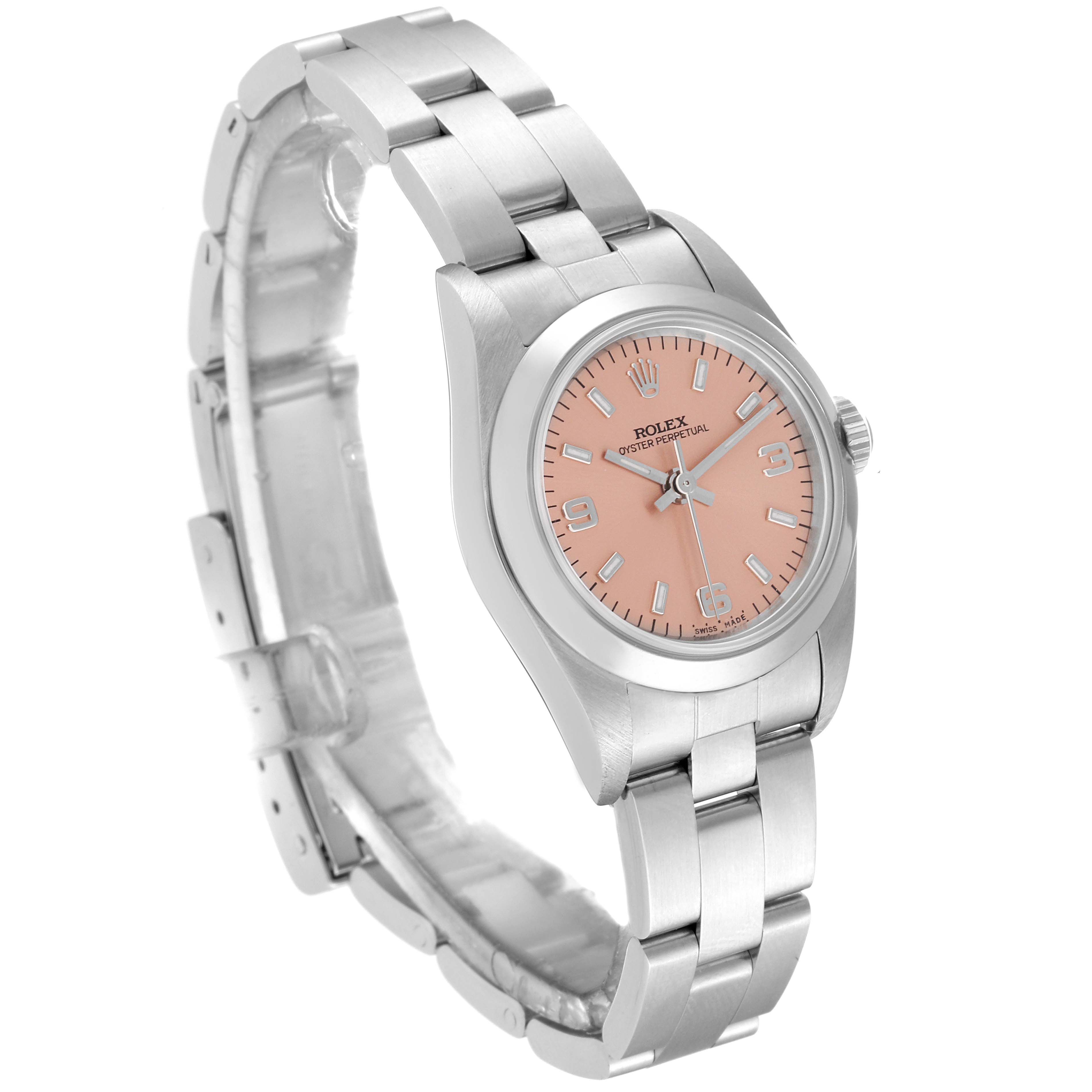 The Rolex Oyster Perpetual 76080 Women
s Stainless Steel Pink Dial 76080 Women
s Stainless Steel Pink Dial watch is shown at a slight angle, displaying its pink dial, stainless steel case, and bracelet.