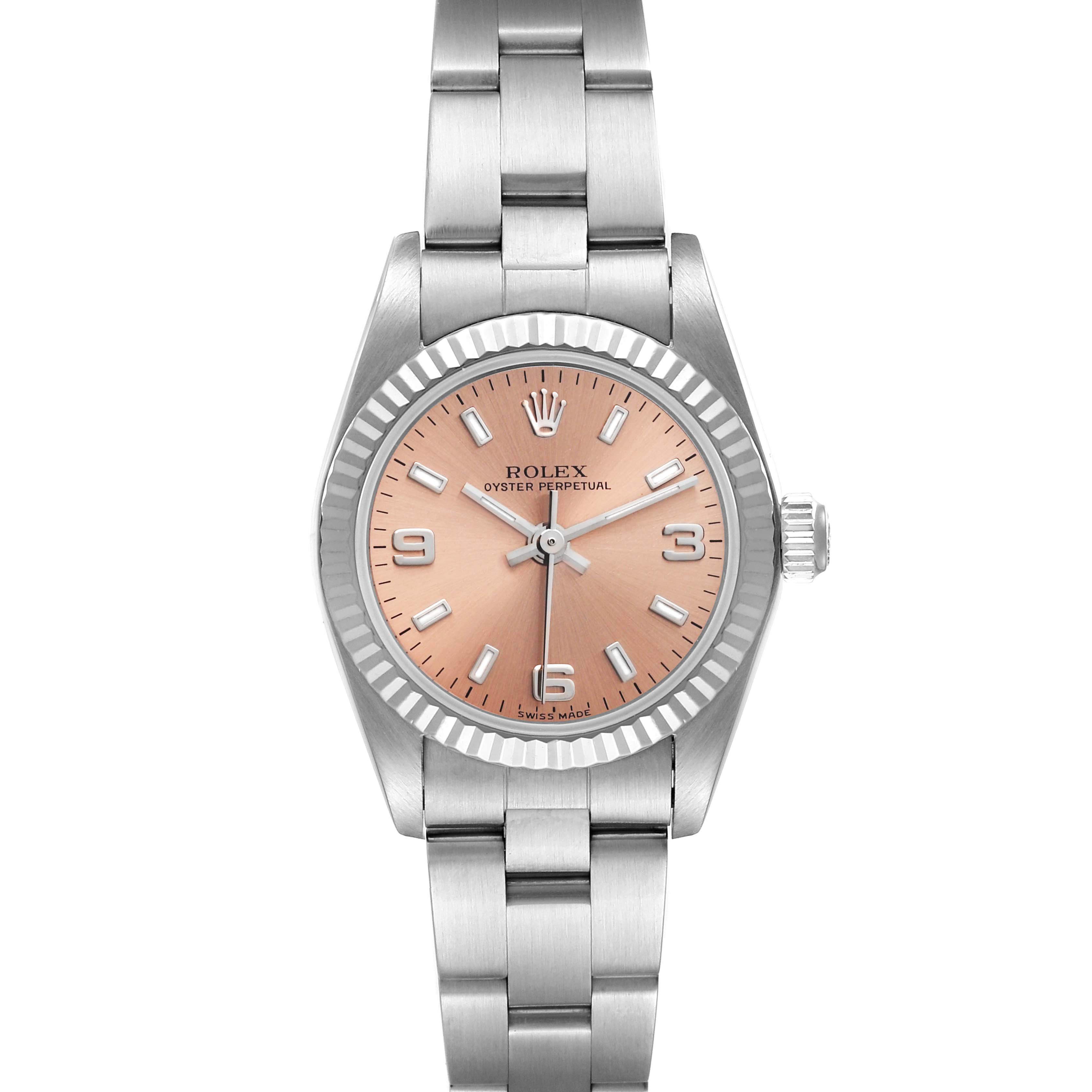 The image shows a Rolex Oyster Perpetual 76094 Women
s Stainless Steel Pink Dial 76094 Women
s Stainless Steel Pink Dial watch from a direct front angle, highlighting its dial, bezel, and bracelet.
