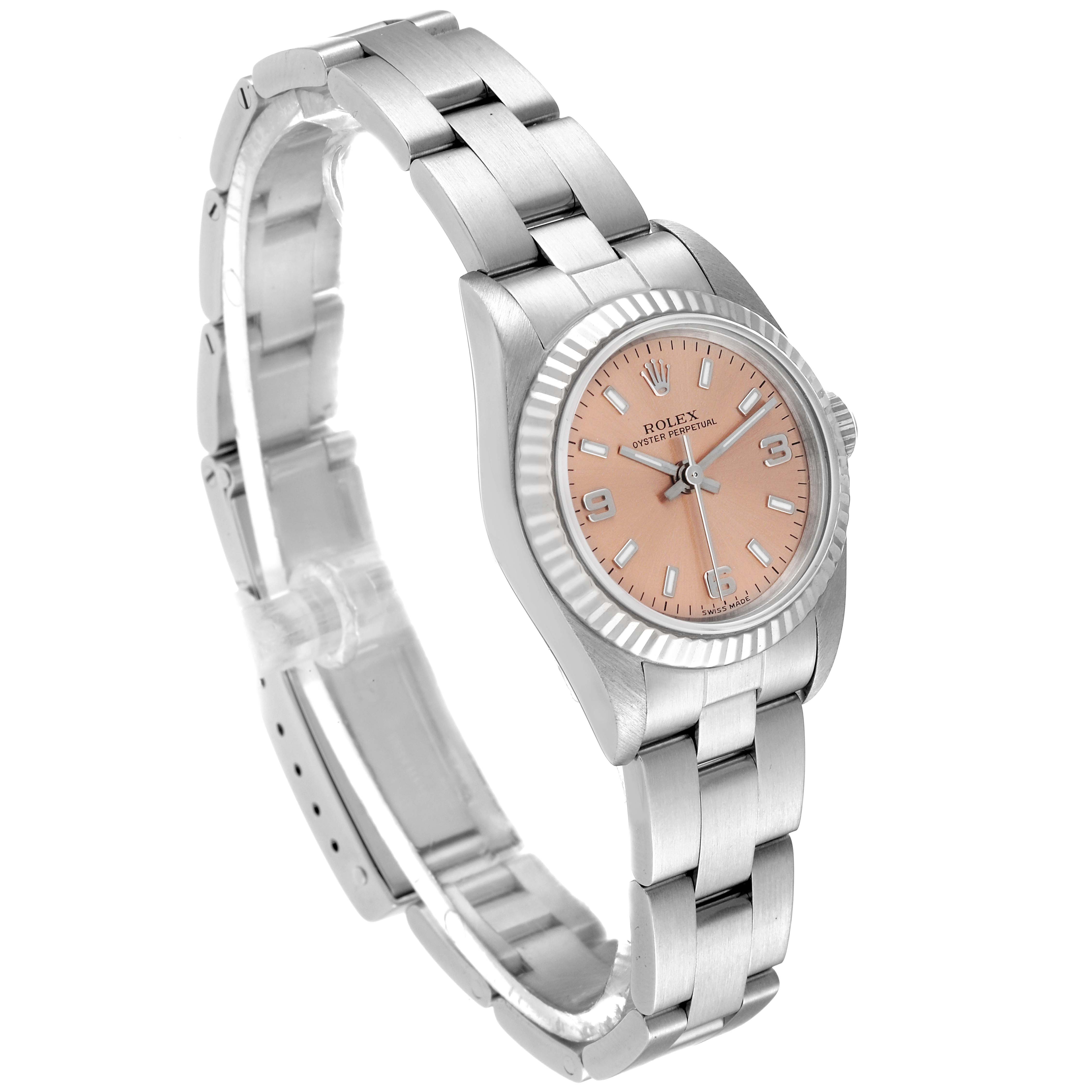 The image shows a Rolex Oyster Perpetual 76094 Women
s Stainless Steel Pink Dial 76094 Women
s Stainless Steel Pink Dial watch at a slight angle, displaying its bracelet, bezel, and dial.