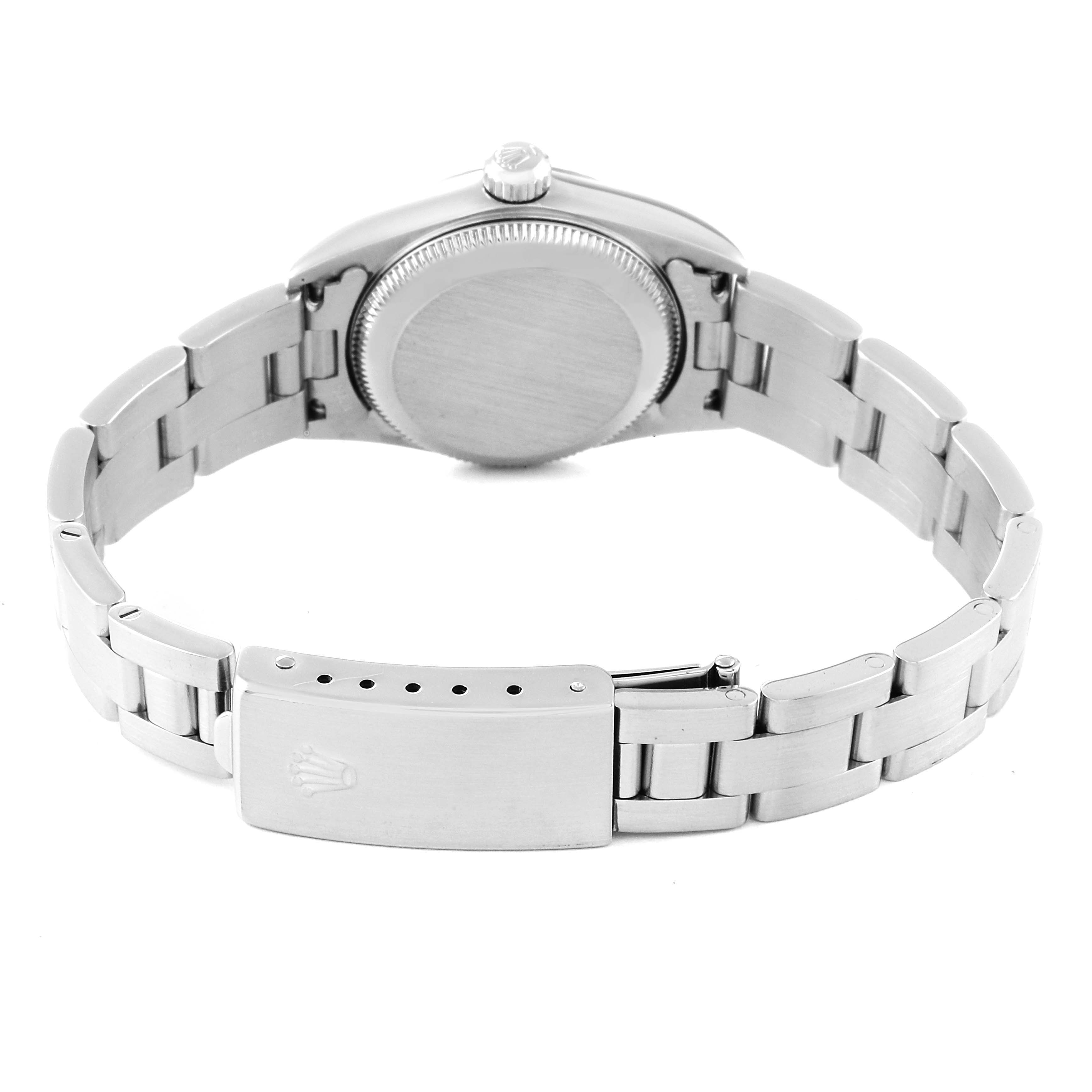 This image shows the back view of the Rolex Oyster Perpetual 76094 Women
s Stainless Steel Pink Dial 76094 Women
s Stainless Steel Pink Dial watch, featuring its case, bracelet, and clasp.