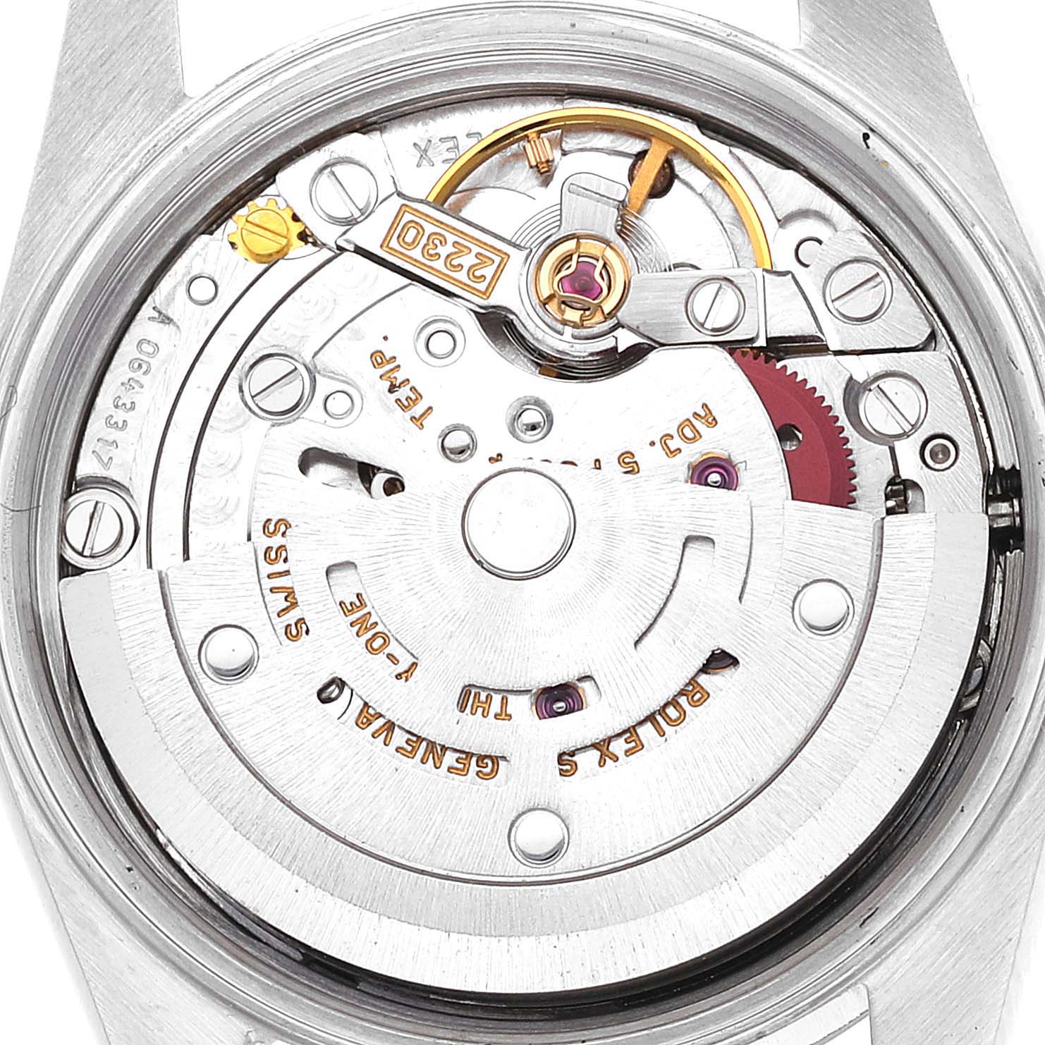 This image shows the internal movement mechanism of a Rolex Oyster Perpetual 76094 Women
s Stainless Steel Pink Dial 76094 Women
s Stainless Steel Pink Dial watch, viewed from the back.