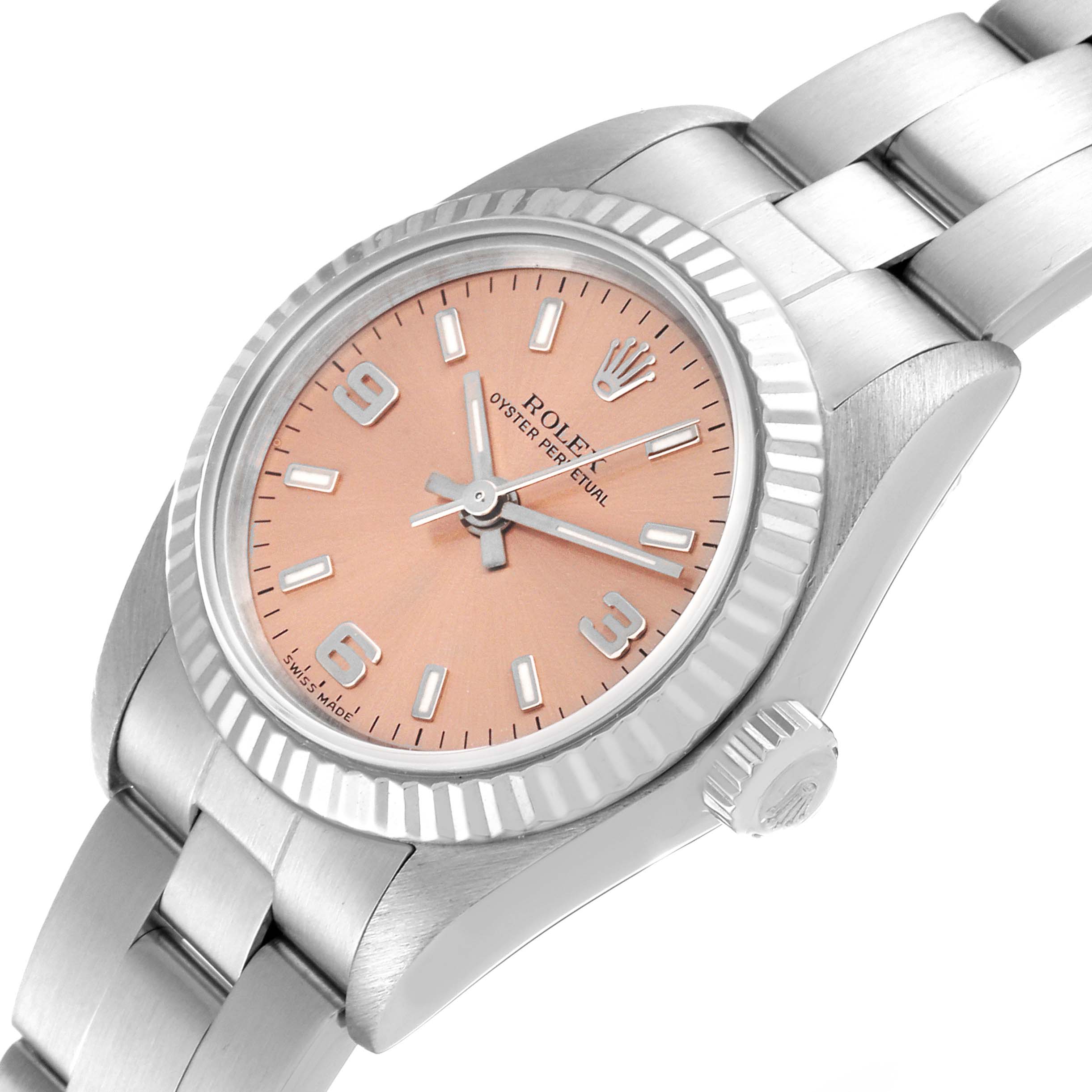 The Rolex Oyster Perpetual 76094 Women
s Stainless Steel Pink Dial 76094 Women
s Stainless Steel Pink Dial watch is shown at an angle highlighting its dial, crown, bezel, case, and part of the bracelet.