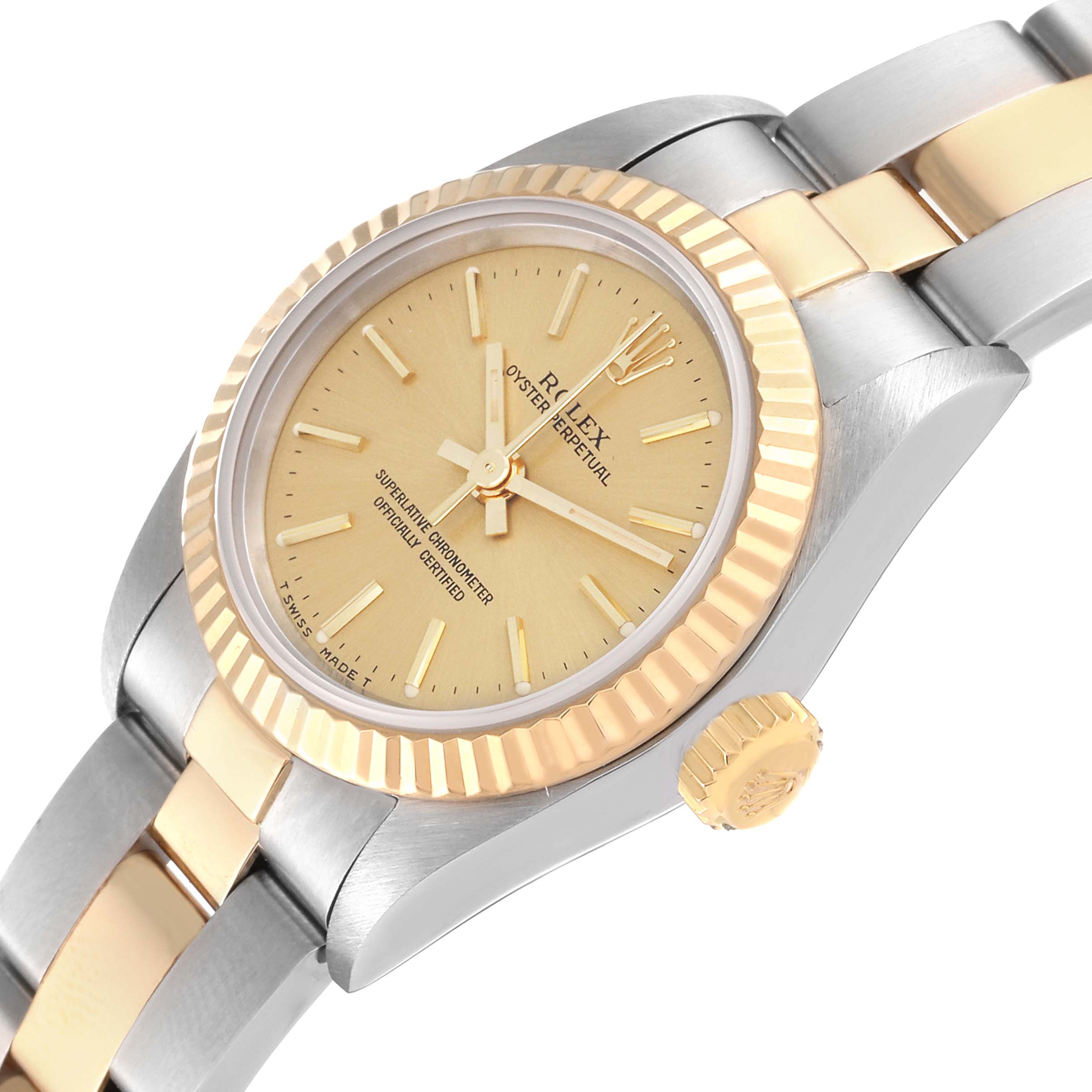 The Rolex Oyster Perpetual 67193 Women's Steel and Gold (two tone) Champagne Dial 67193 Women's Steel and Gold (two tone) Champagne Dial watch is shown at a three-quarter angle, highlighting the dial, bezel, crown, and part of the bracelet.
