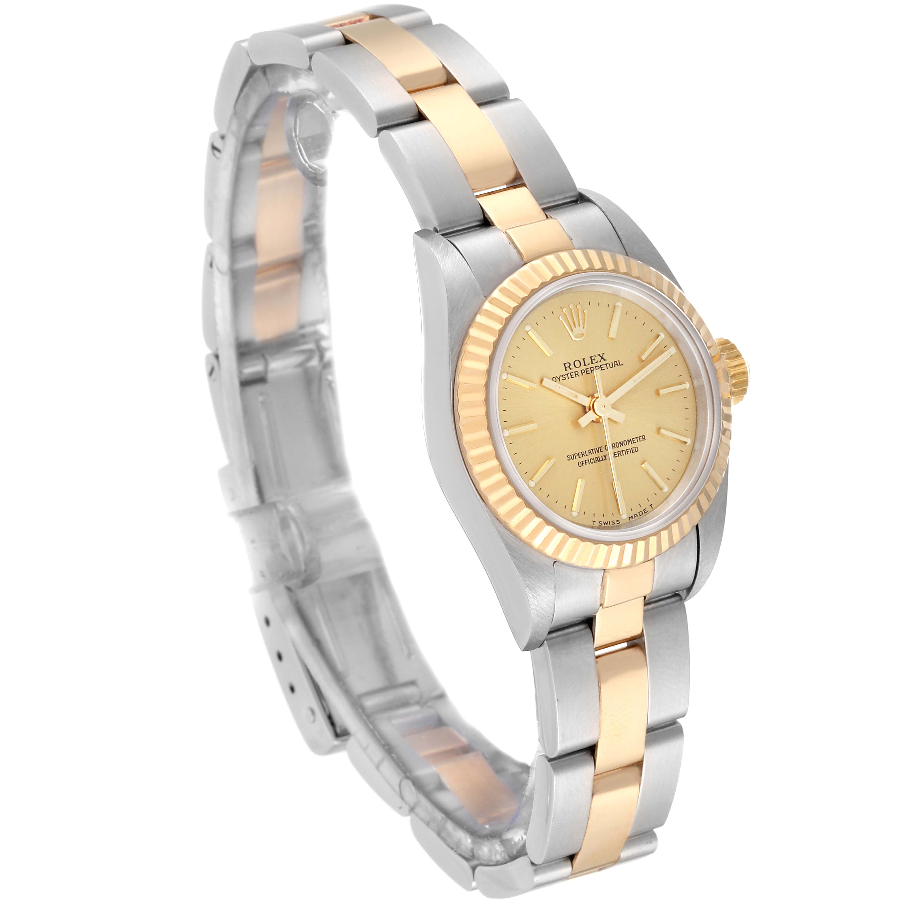 The Rolex Oyster Perpetual 67193 Women's Steel and Gold (two tone) Champagne Dial 67193 Women's Steel and Gold (two tone) Champagne Dial watch is shown at a three-quarter angle, highlighting its dial, bezel, case, and two-tone bracelet.