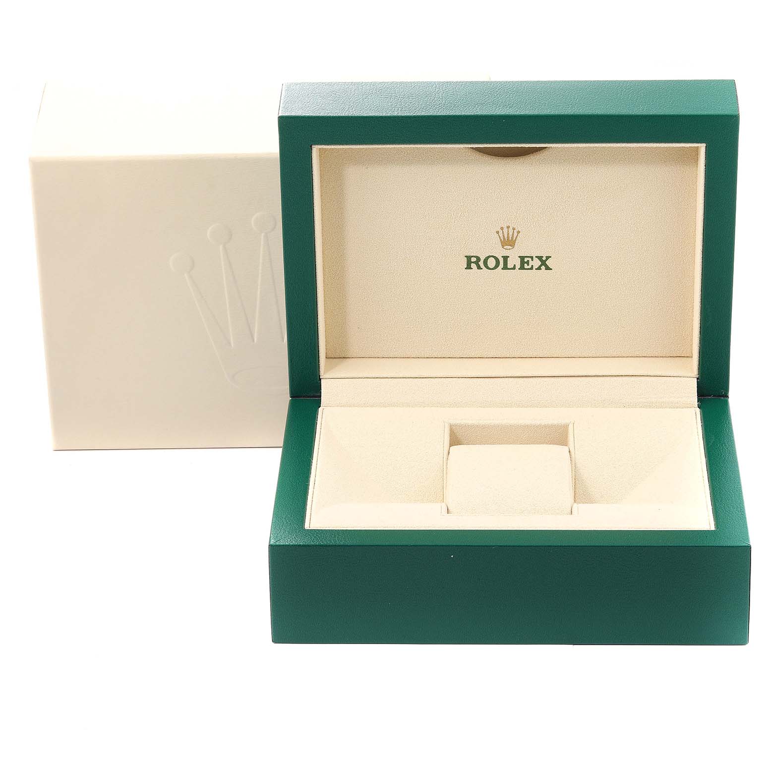 The image shows an open green box for the Rolex Pearlmaster 80315 Women's Rose Gold Mother of Pearl Dial 80315 Women's Rose Gold Mother of Pearl Dial watch, with the lid displaying the Rolex logo inside.