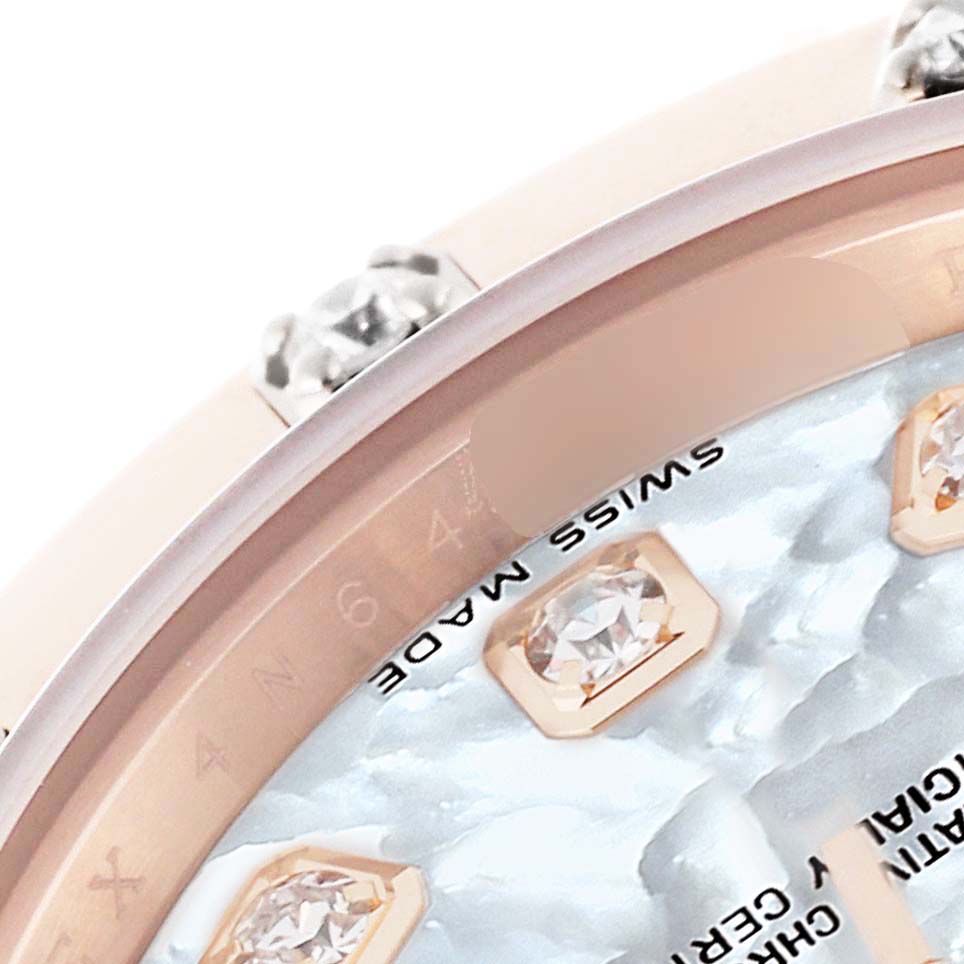 This close-up of the Rolex Pearlmaster 80315 Women's Rose Gold Mother of Pearl Dial 80315 Women's Rose Gold Mother of Pearl Dial watch shows the bezel, dial, and diamond hour markers at an oblique angle.