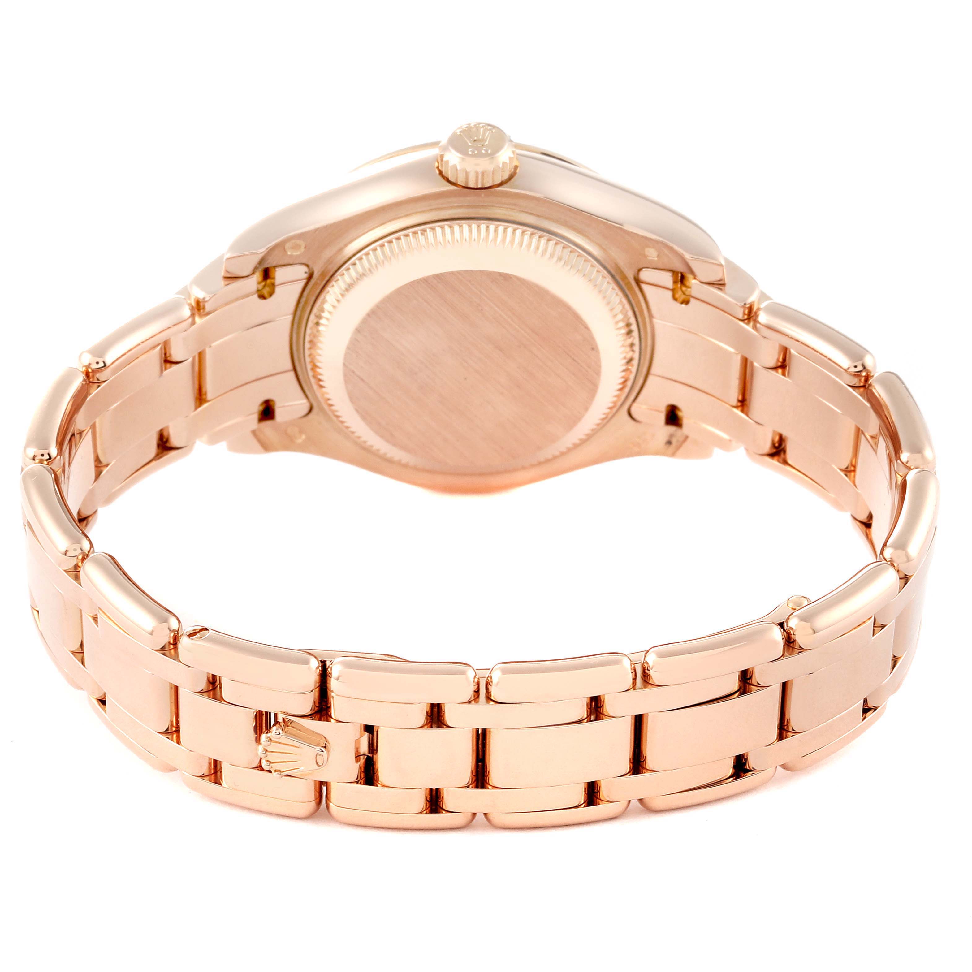 The image shows the rear side of a Rolex Pearlmaster 80315 Women's Rose Gold Mother of Pearl Dial 80315 Women's Rose Gold Mother of Pearl Dial watch, including the case back, bracelet, and clasp.
