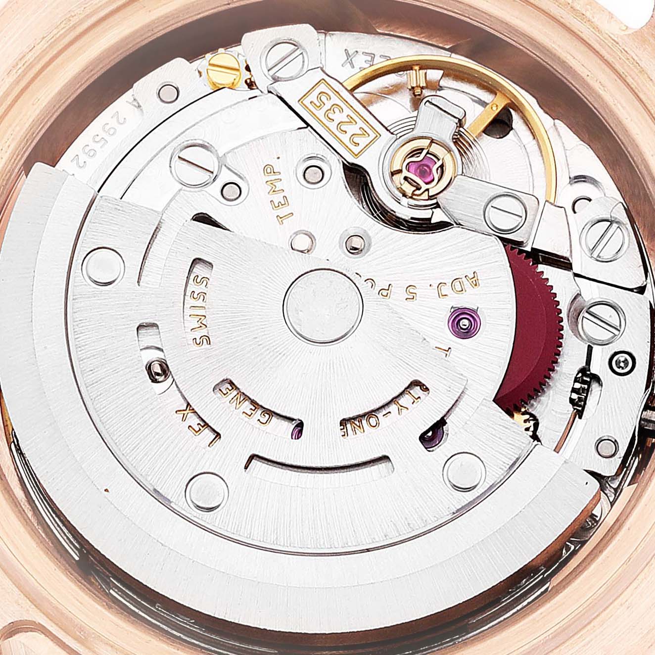 This close-up shows the intricate inner mechanical movement of the Rolex Pearlmaster 80315 Women's Rose Gold Mother of Pearl Dial 80315 Women's Rose Gold Mother of Pearl Dial watch, highlighting its gears and components.