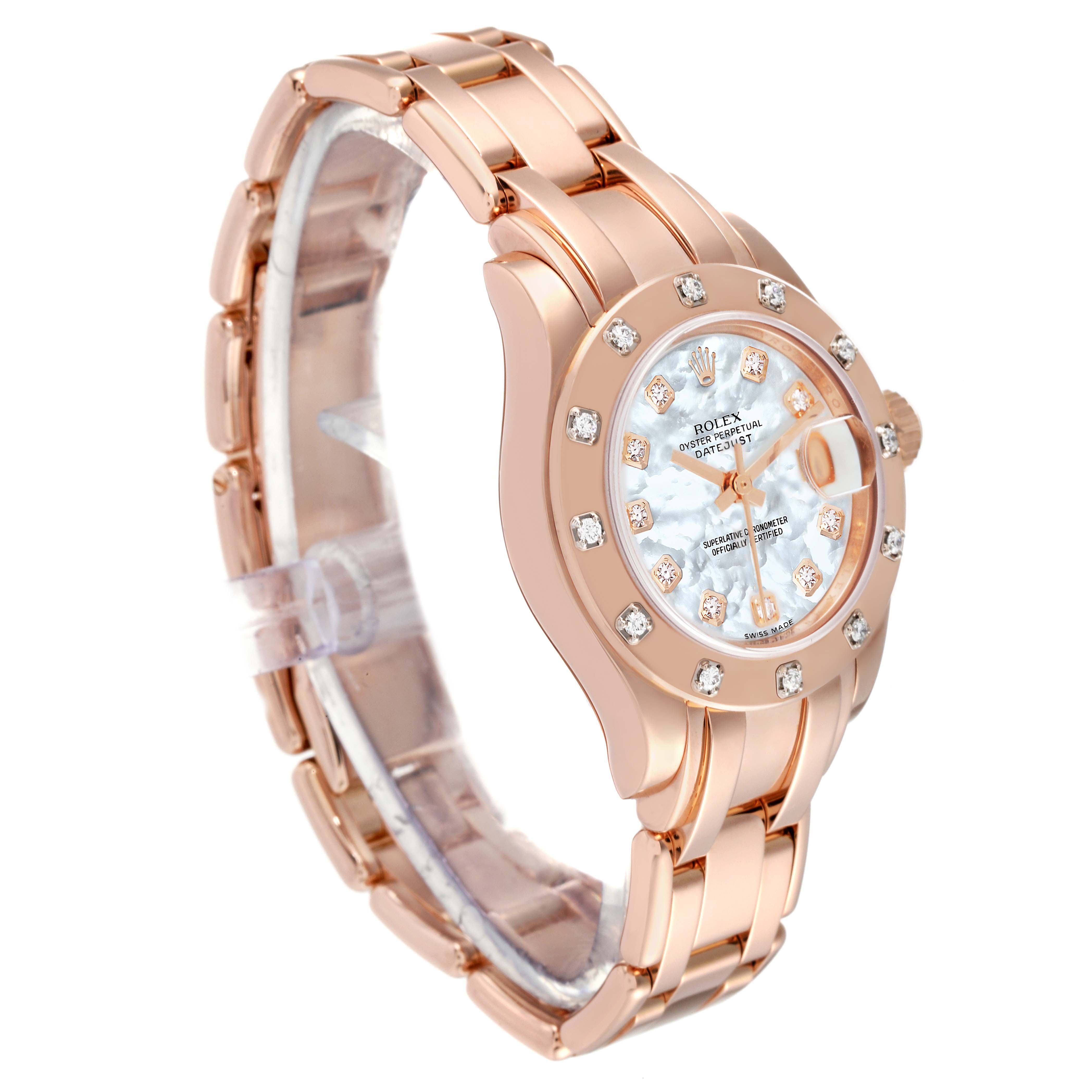The image shows a Rolex Pearlmaster 80315 Women's Rose Gold Mother of Pearl Dial 80315 Women's Rose Gold Mother of Pearl Dial watch from an angled side view, highlighting the band, bezel, and dial with diamond markers.