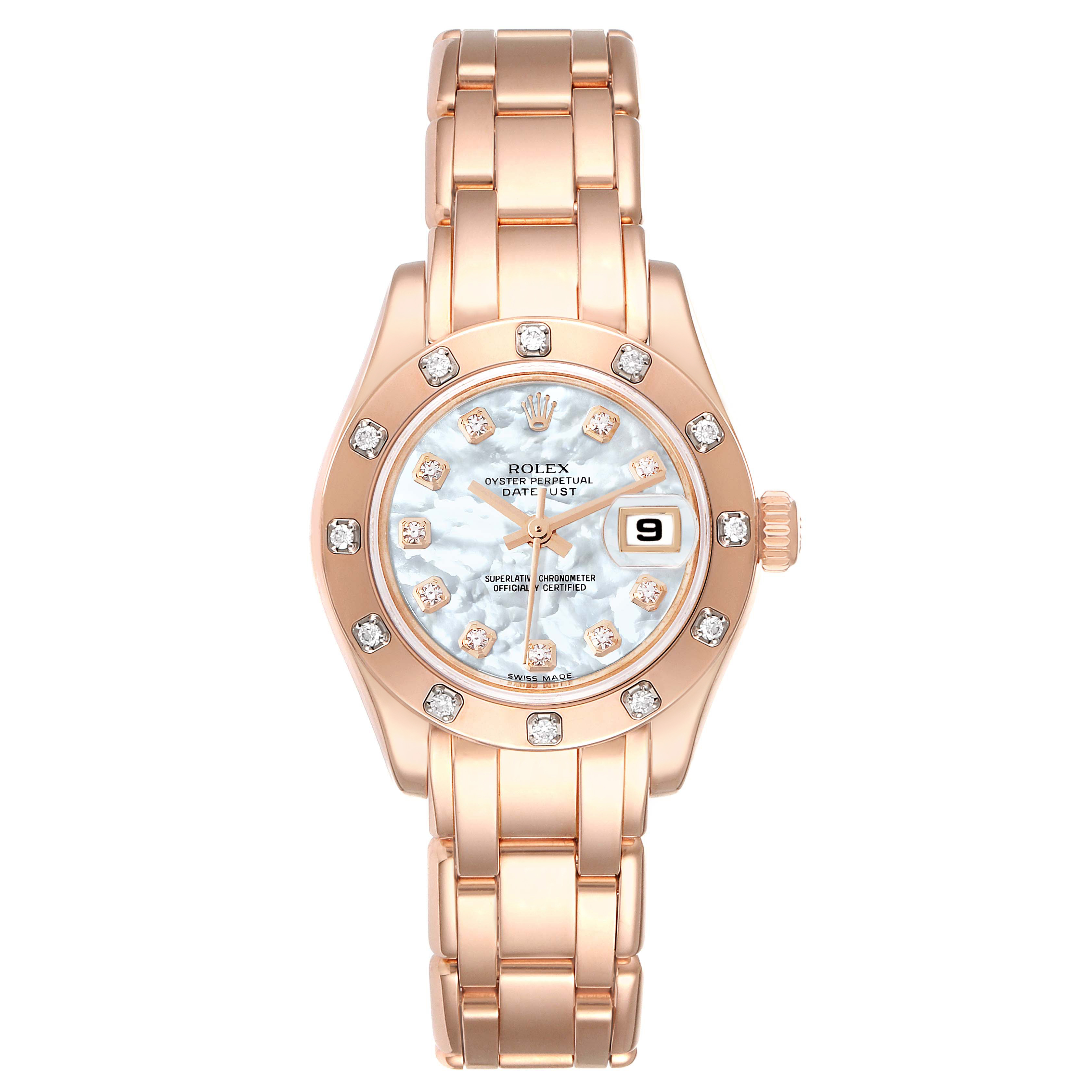 The image shows a front view of the Rolex Pearlmaster 80315 Women's Rose Gold Mother of Pearl Dial 80315 Women's Rose Gold Mother of Pearl Dial watch, featuring its dial, bezel, bracelet, and date display.