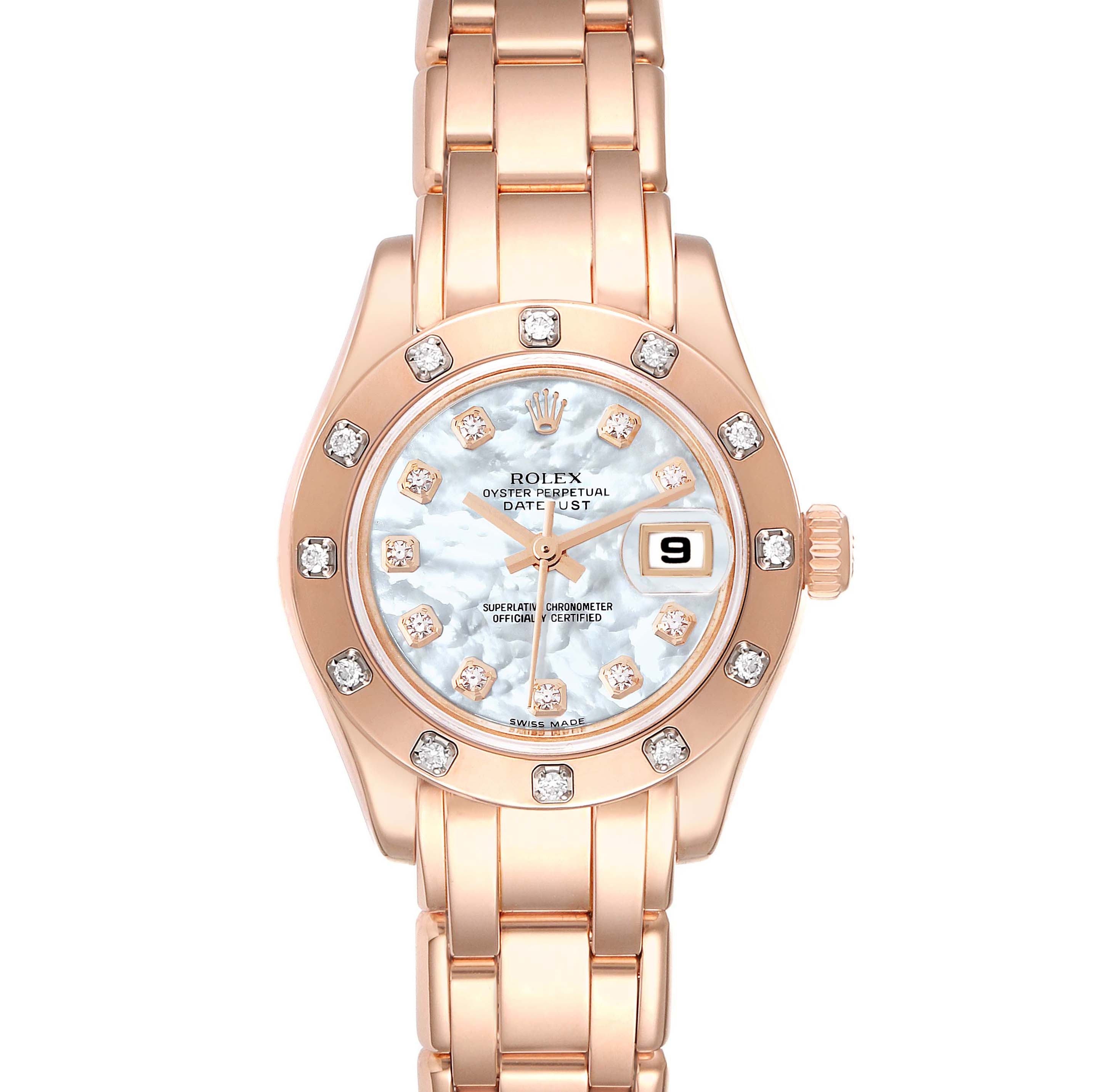 The image shows a frontal view of a Rolex Pearlmaster 80315 Women's Rose Gold Mother of Pearl Dial 80315 Women's Rose Gold Mother of Pearl Dial watch, highlighting its diamond-studded bezel, bracelet, and mother-of-pearl dial.