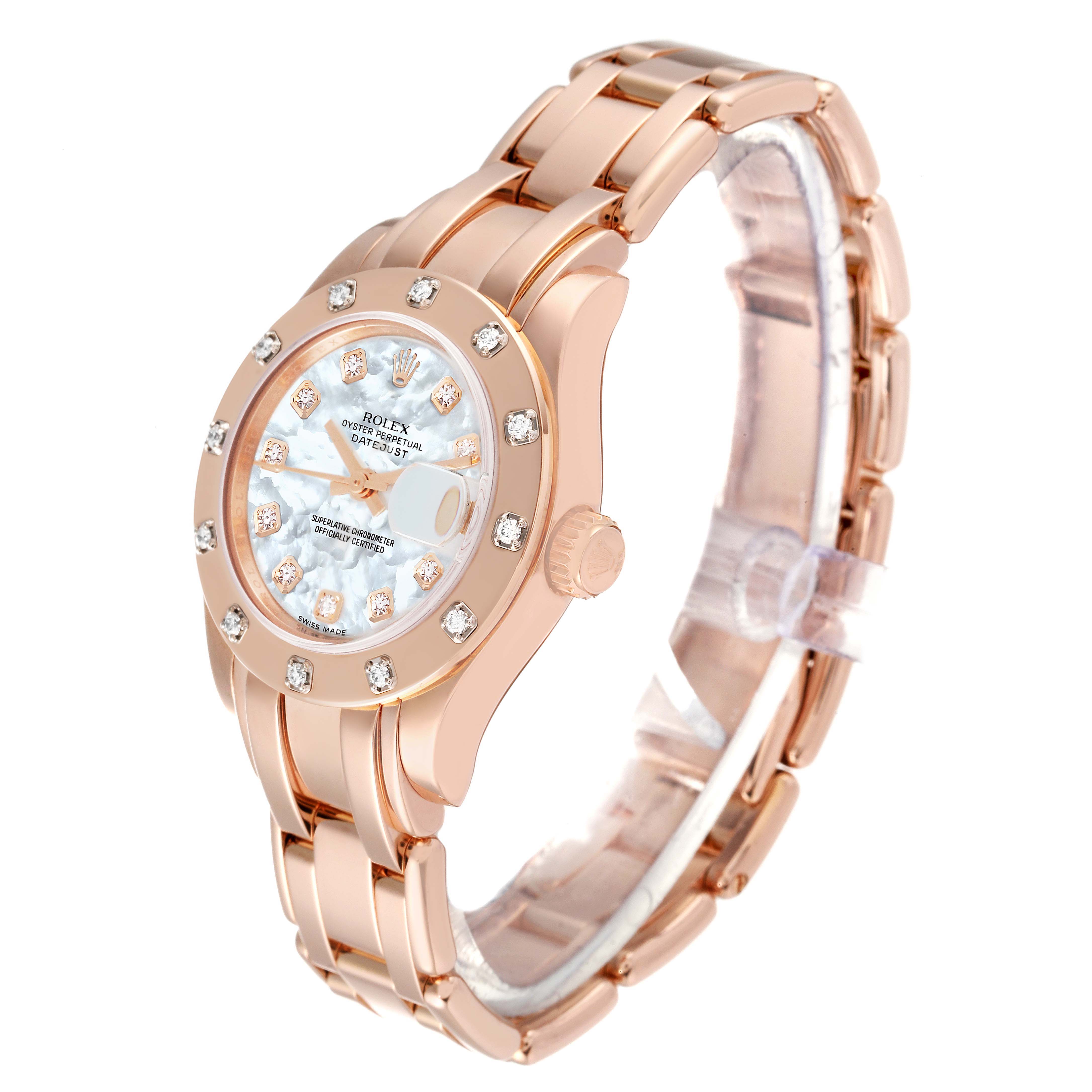 The Rolex Pearlmaster 80315 Women's Rose Gold Mother of Pearl Dial 80315 Women's Rose Gold Mother of Pearl Dial watch is shown from a 3/4 angle, highlighting its rose gold case, bracelet, and diamond-set bezel and dial.