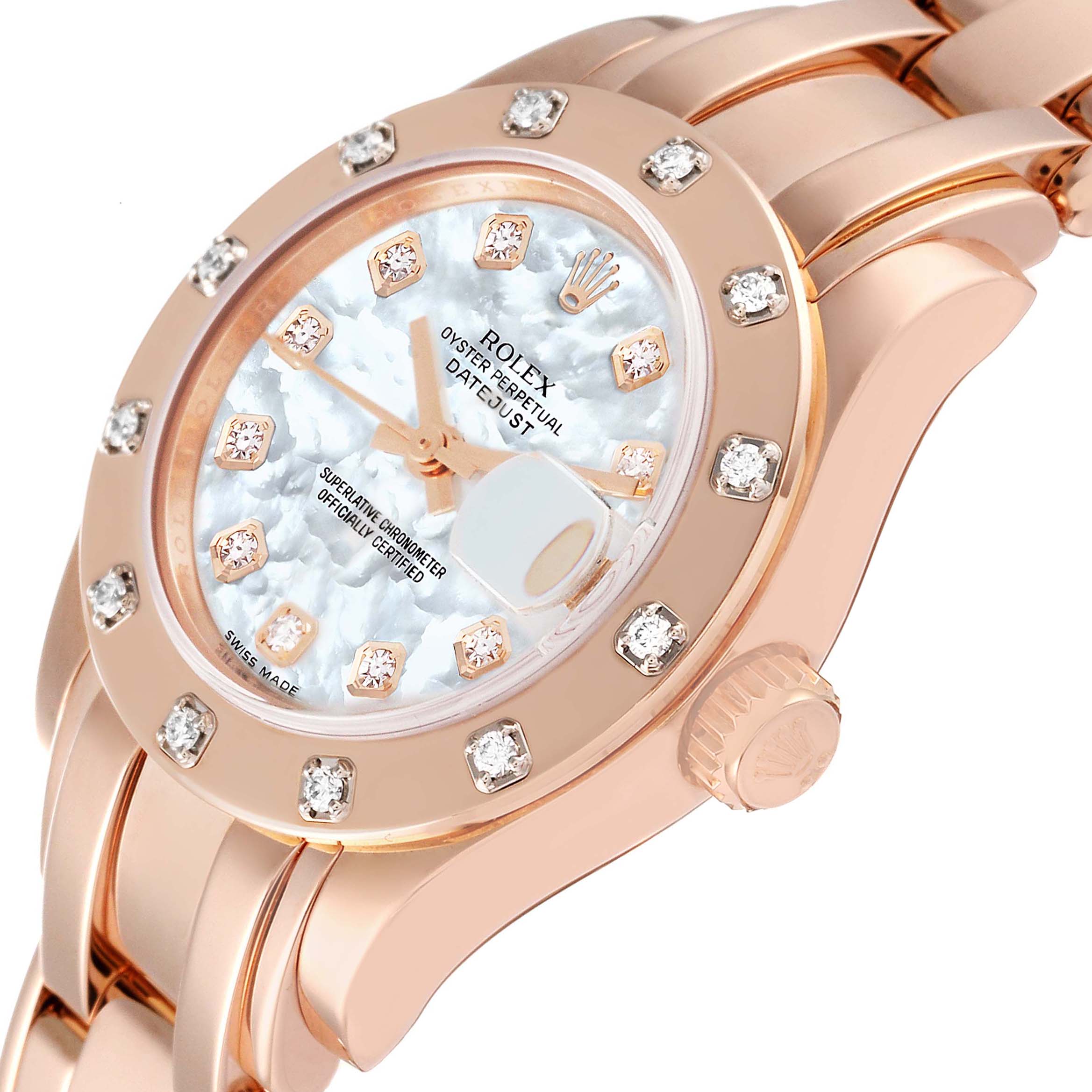 The image shows an angled view of a Rolex Pearlmaster 80315 Women's Rose Gold Mother of Pearl Dial 80315 Women's Rose Gold Mother of Pearl Dial watch, highlighting the dial, bezel, crown, and partially the bracelet.
