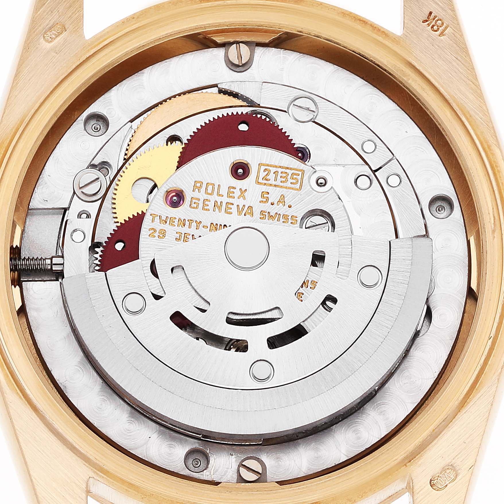 This image shows the internal mechanism of a Rolex President 68278 Women
s Yellow Gold Champagne Dial 68278 Women
s Yellow Gold Champagne Dial model watch from a close-up, rear angle.