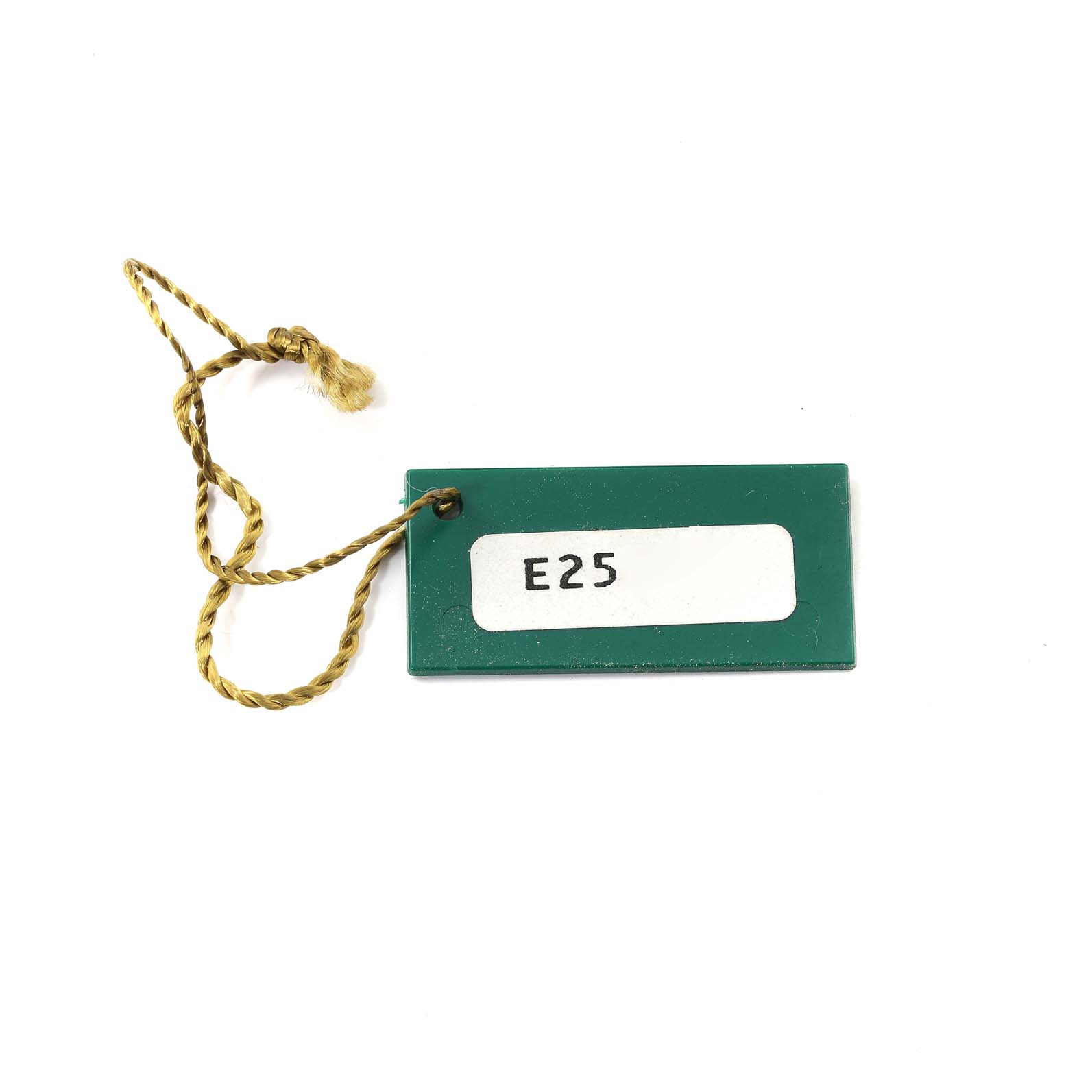 This image shows a green tag with the code "E25" attached to a yellow string, which is an accessory for the Rolex President 68278 Women
s Yellow Gold Champagne Dial 68278 Women
s Yellow Gold Champagne Dial model watch.