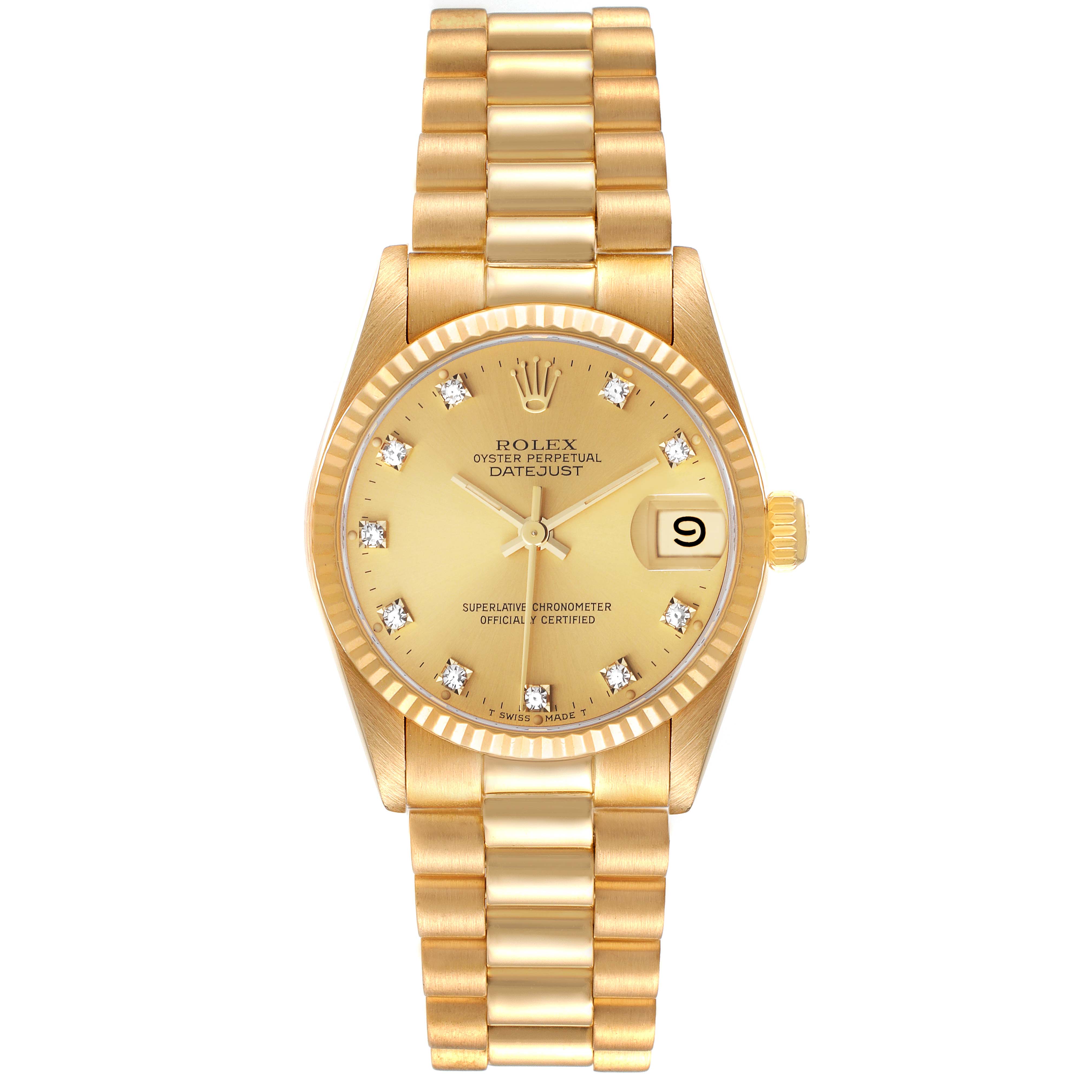 The image shows a Rolex President 68278 Women
s Yellow Gold Champagne Dial 68278 Women
s Yellow Gold Champagne Dial model watch with a gold band, face, and diamond hour markers, viewed from the front.