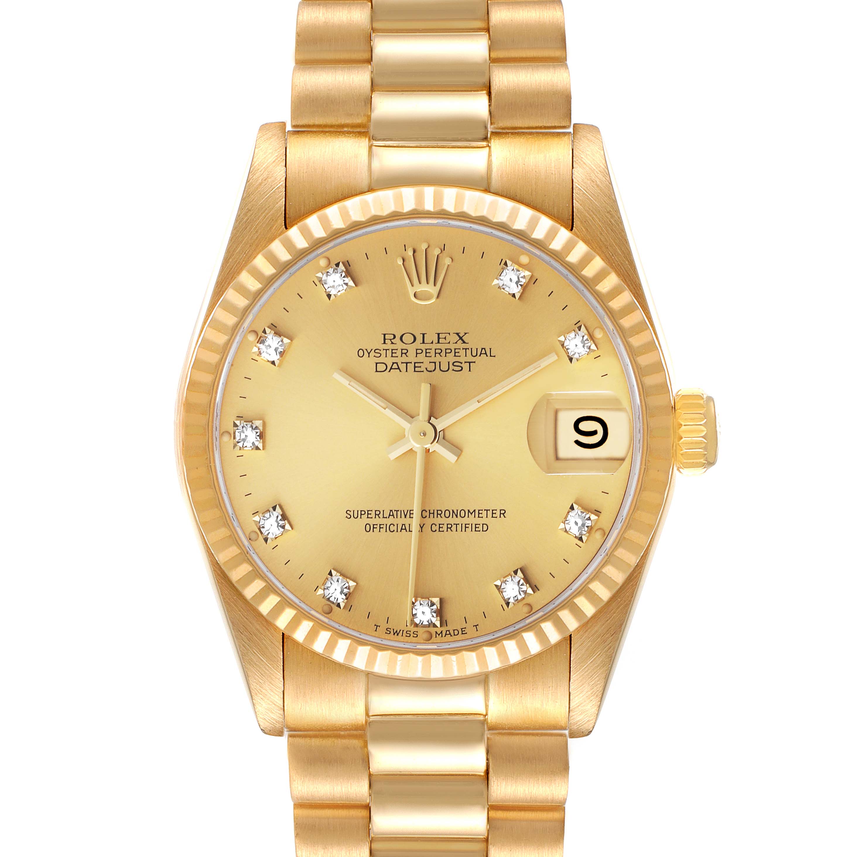 This image shows a frontal view of the Rolex President 68278 Women
s Yellow Gold Champagne Dial 68278 Women
s Yellow Gold Champagne Dial model watch, highlighting its face, bracelet, and date window.