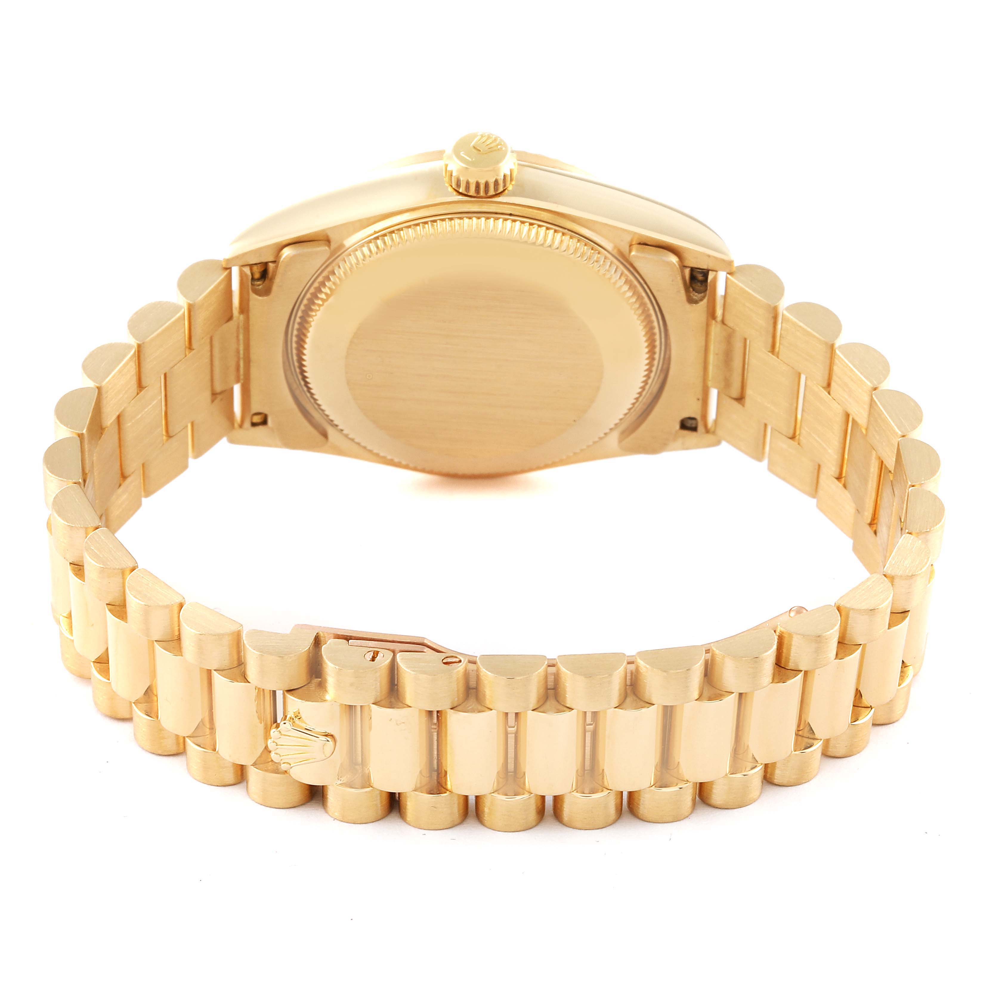 The image shows the back view of a Rolex President 68278 Women
s Yellow Gold Champagne Dial 68278 Women
s Yellow Gold Champagne Dial model watch, highlighting the case and bracelet.