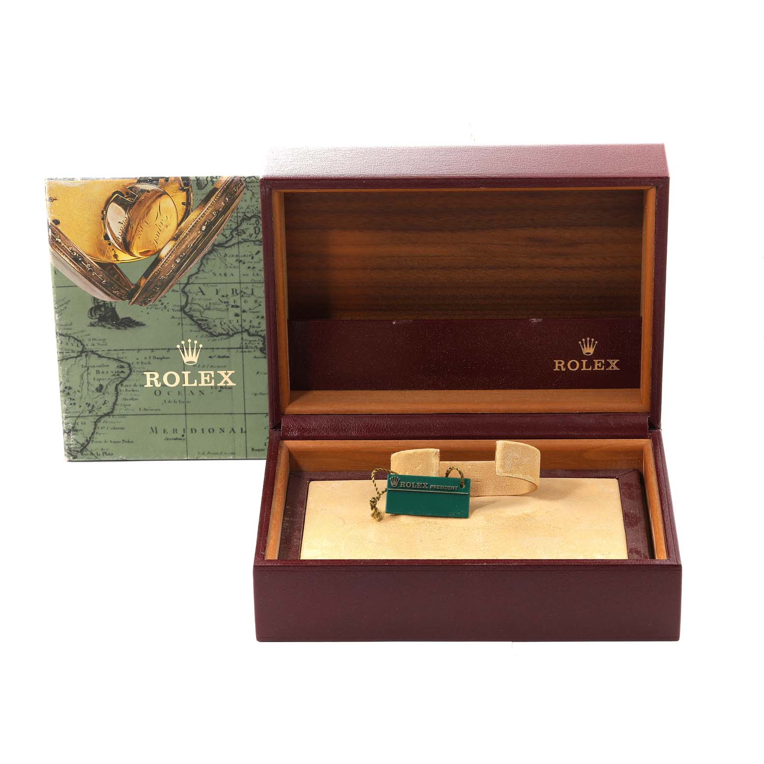 The image shows a Rolex President 68278 Women
s Yellow Gold Champagne Dial 68278 Women
s Yellow Gold Champagne Dial model watch box with an open lid, an empty display cushion, and an informational booklet.