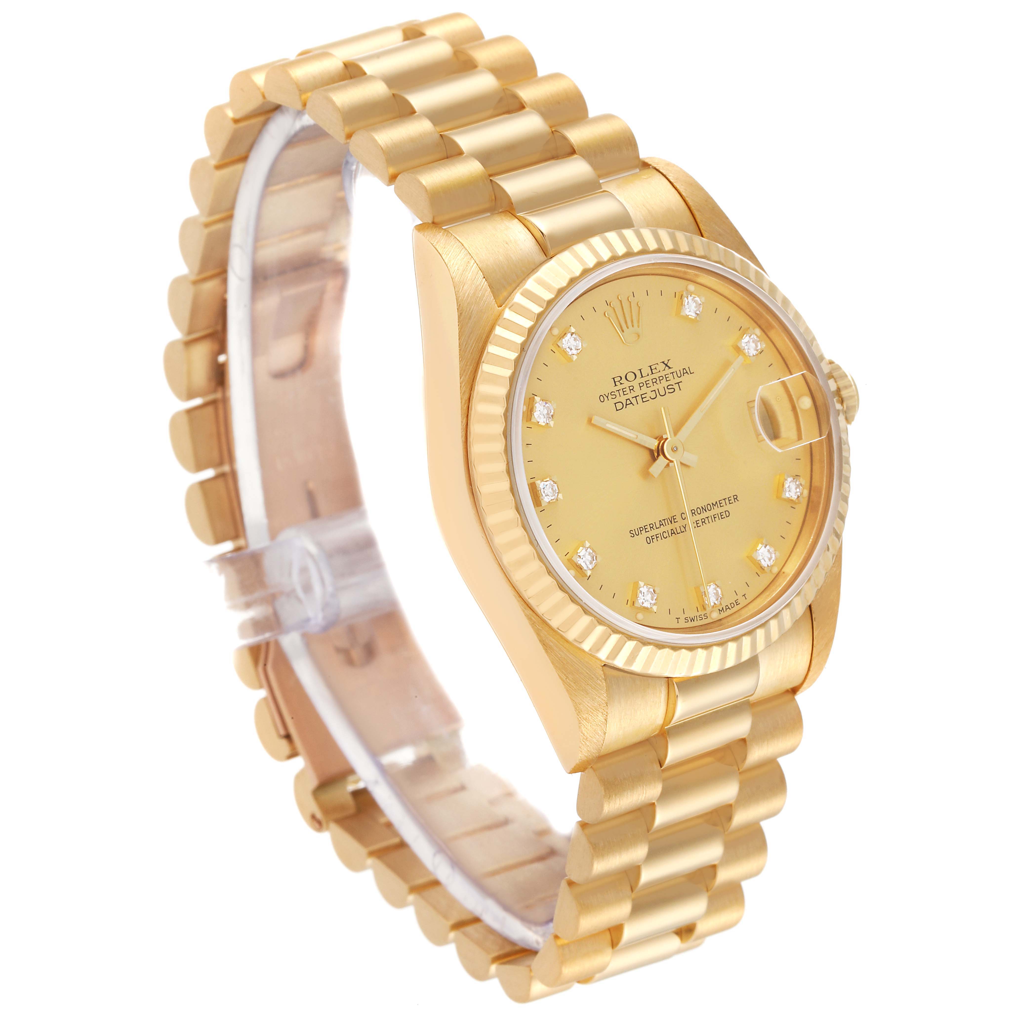 The Rolex President 68278 Women
s Yellow Gold Champagne Dial 68278 Women
s Yellow Gold Champagne Dial model watch is shown at an angled side view, displaying its gold bracelet, case, and dial.