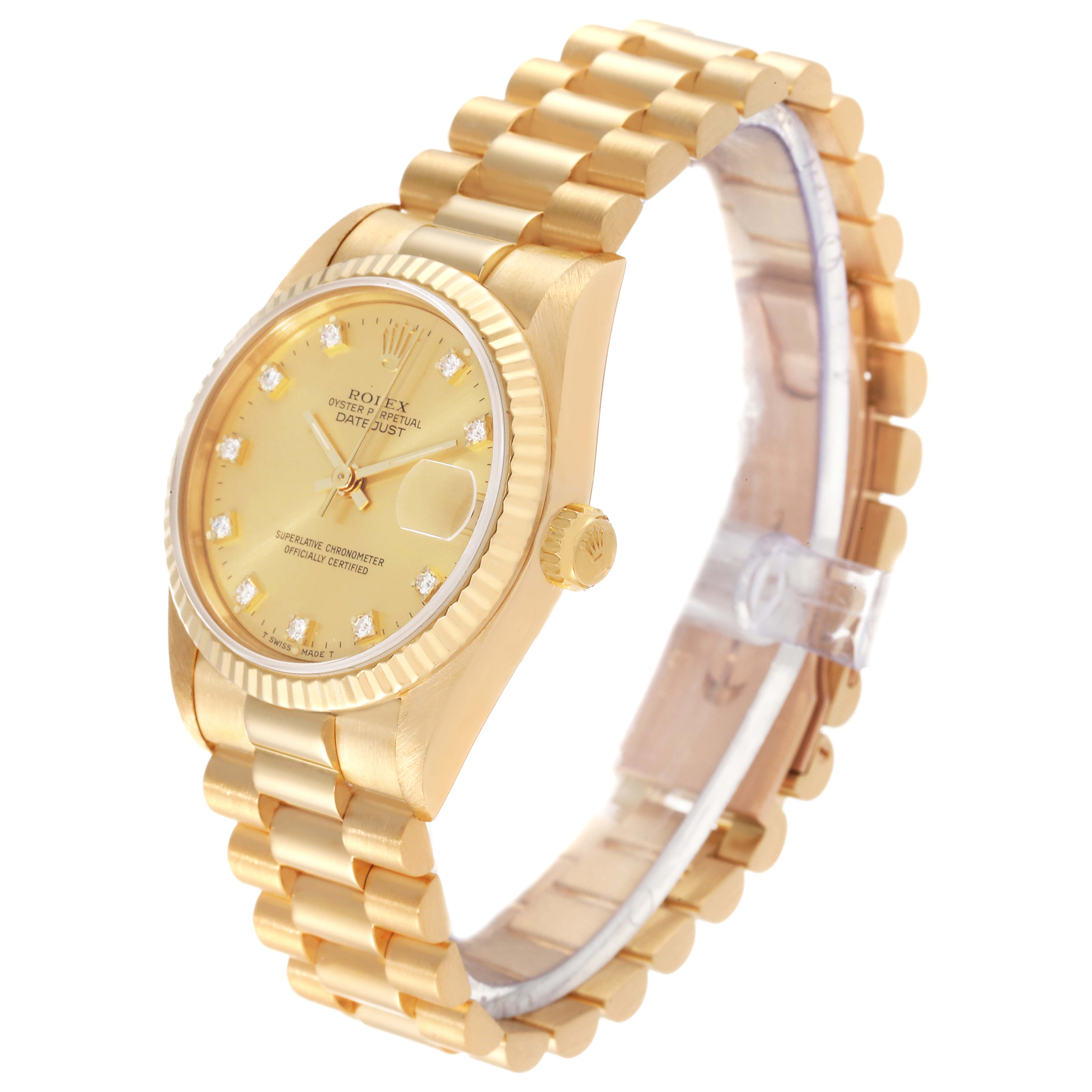 The image shows a side profile of a Rolex President 68278 Women
s Yellow Gold Champagne Dial 68278 Women
s Yellow Gold Champagne Dial model watch, featuring its gold bracelet, dial, bezel, and crown.