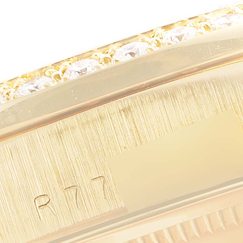 This close-up image shows the side, bezel, and part of the casing of a Rolex President 18348 Men
s Yellow Gold Champagne Dial 18348 Men
s Yellow Gold Champagne Dial model watch.