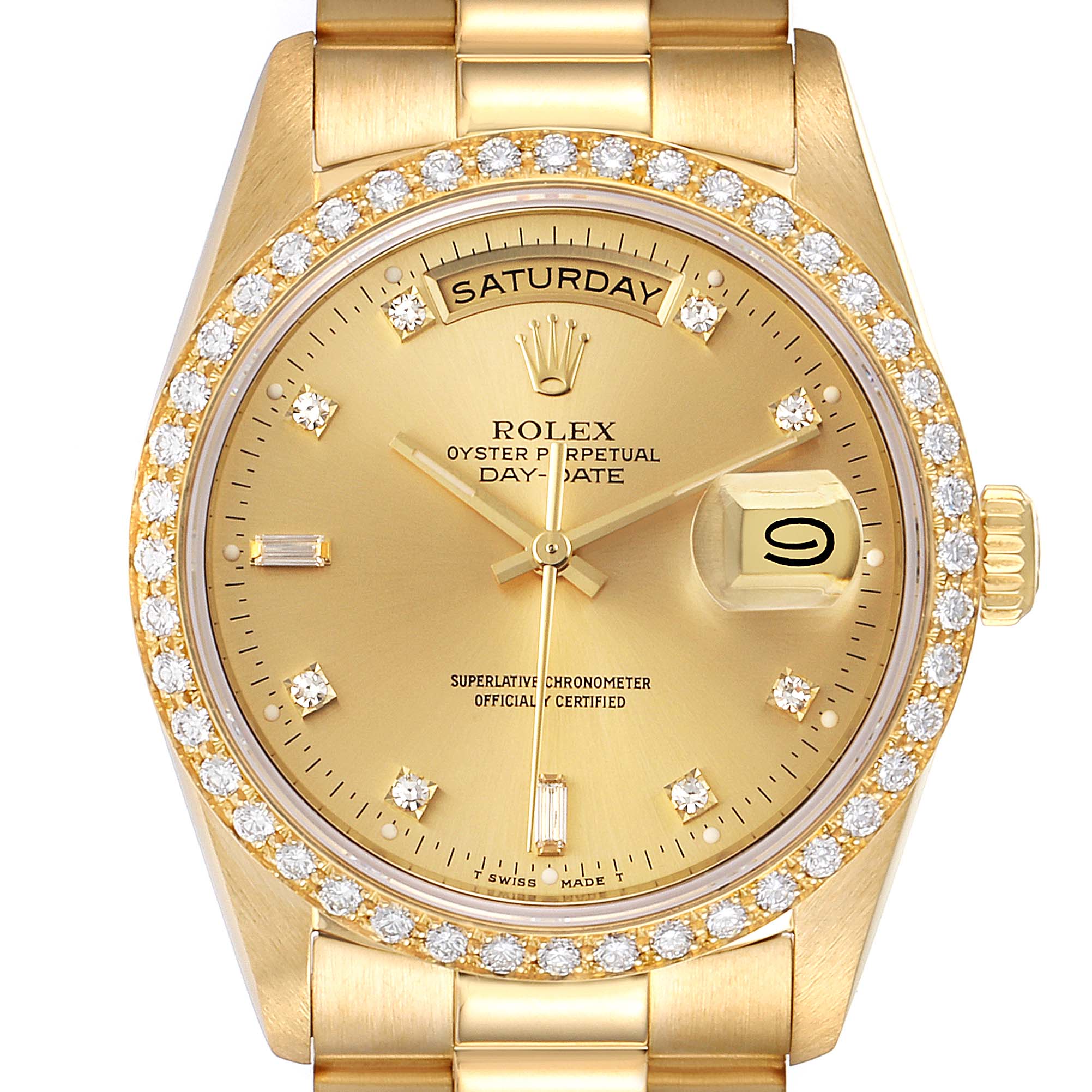 The image shows a front view of the Rolex President 18348 Men
s Yellow Gold Champagne Dial 18348 Men
s Yellow Gold Champagne Dial model watch, highlighting the dial, bezel, and part of the bracelet.